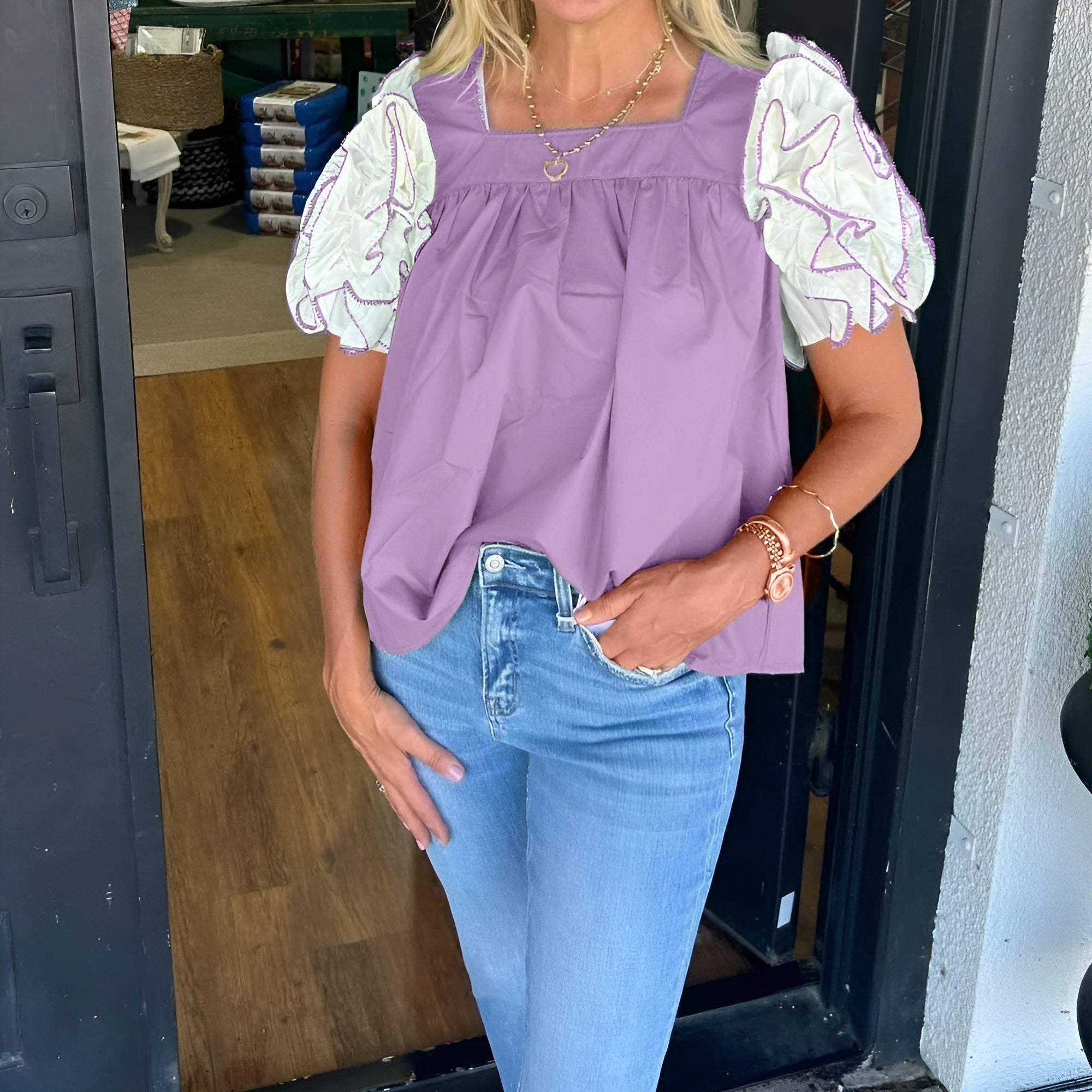 Textured Sleeve Top With Ruffle Details-My Comfy Blouse