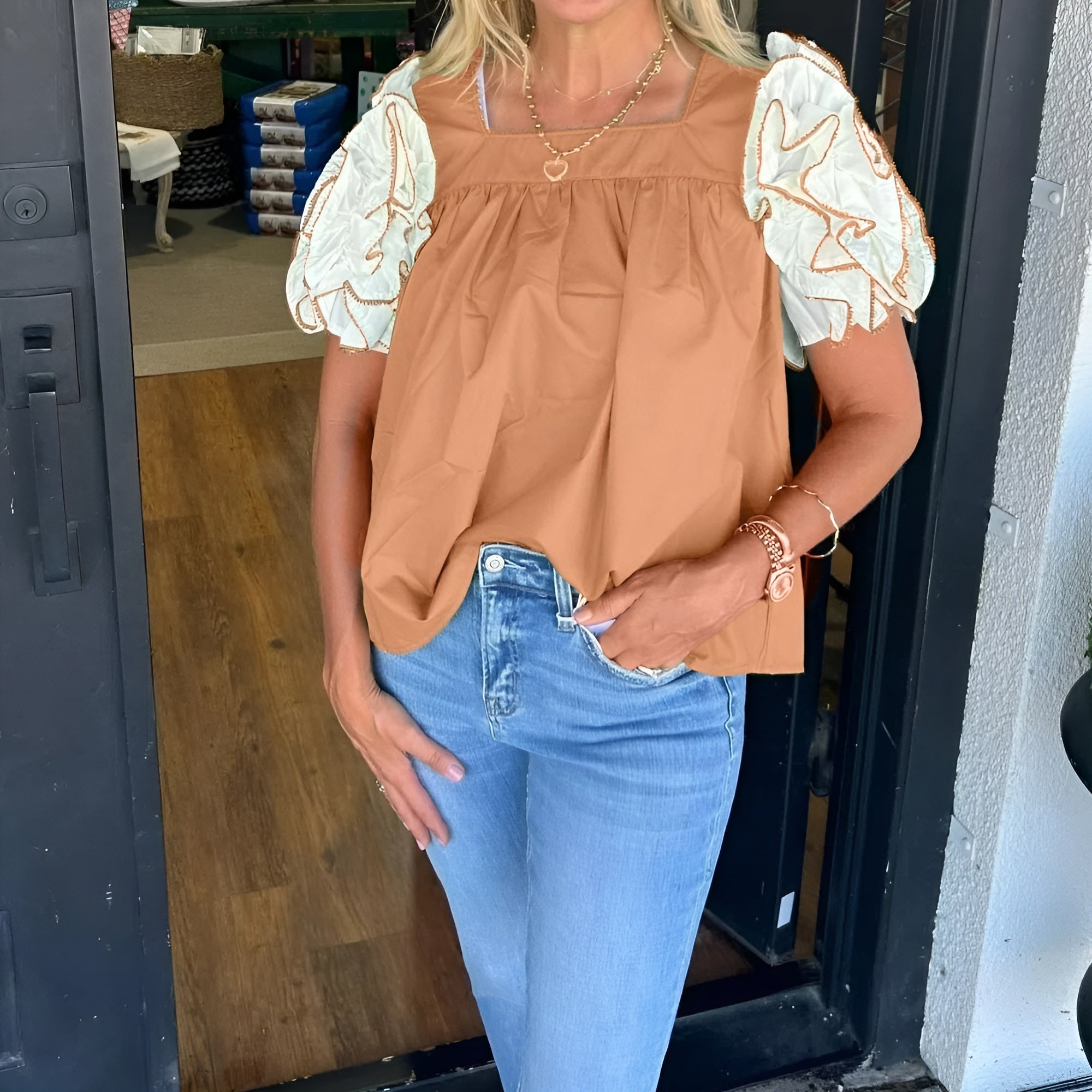 Textured Sleeve Top With Ruffle Details-My Comfy Blouse