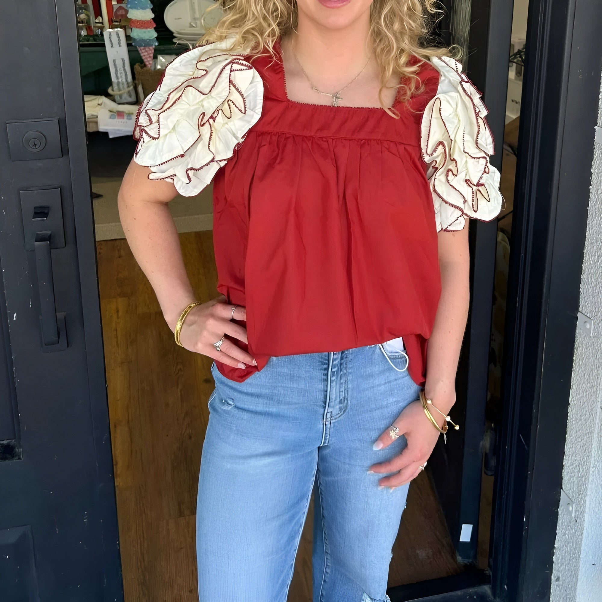 Textured Sleeve Top With Ruffle Details-My Comfy Blouse