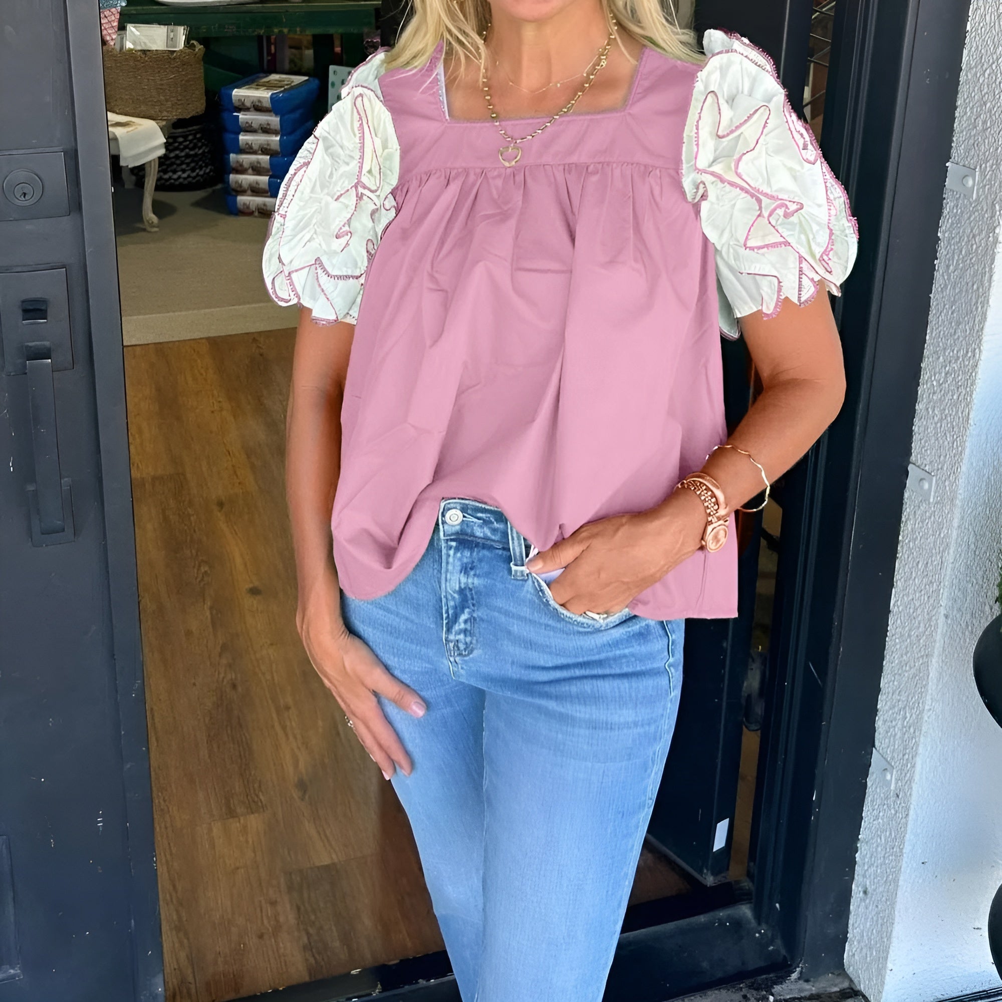 Textured Sleeve Top With Ruffle Details-My Comfy Blouse
