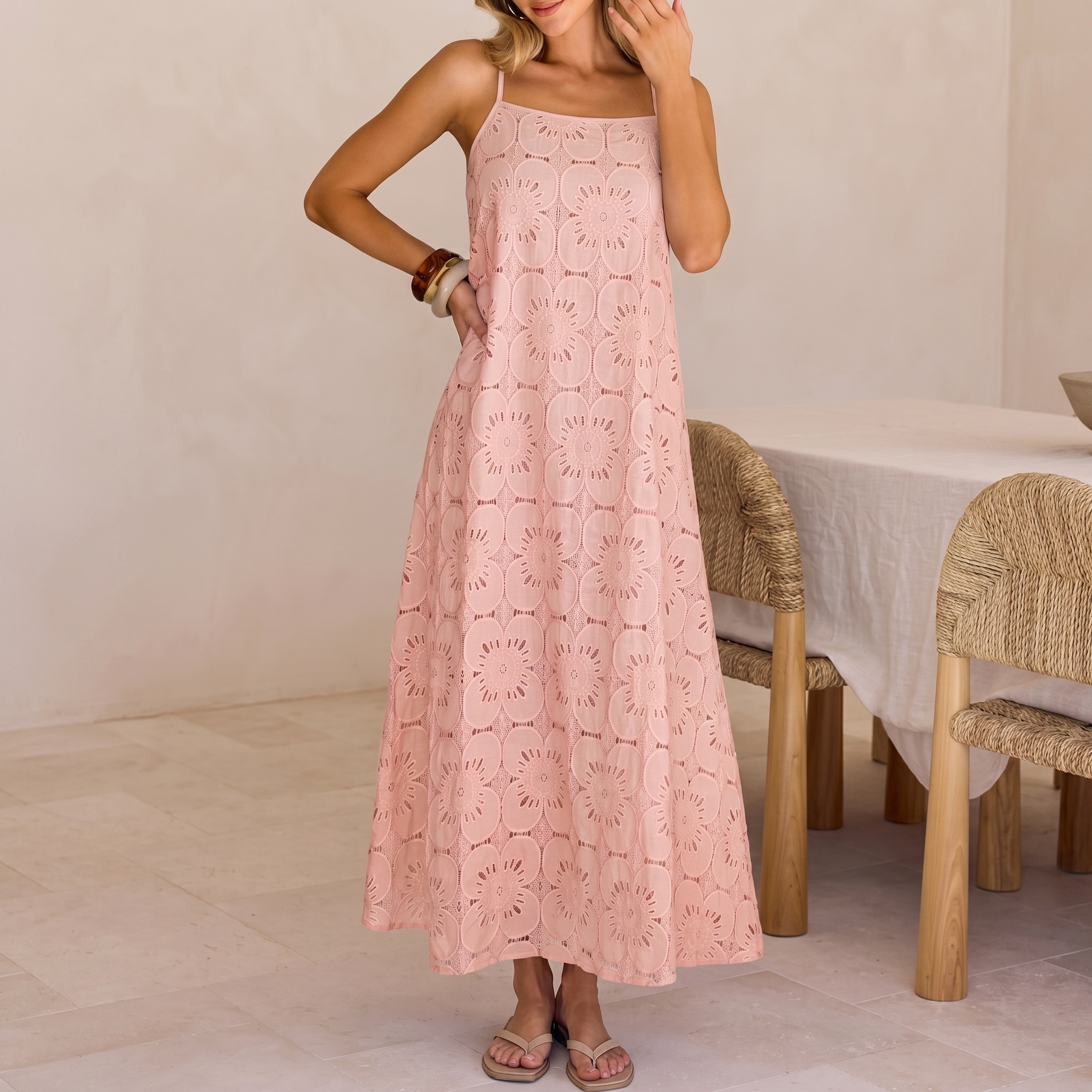 Summer Casual Boho Floral Lace Maxi Dress For Women