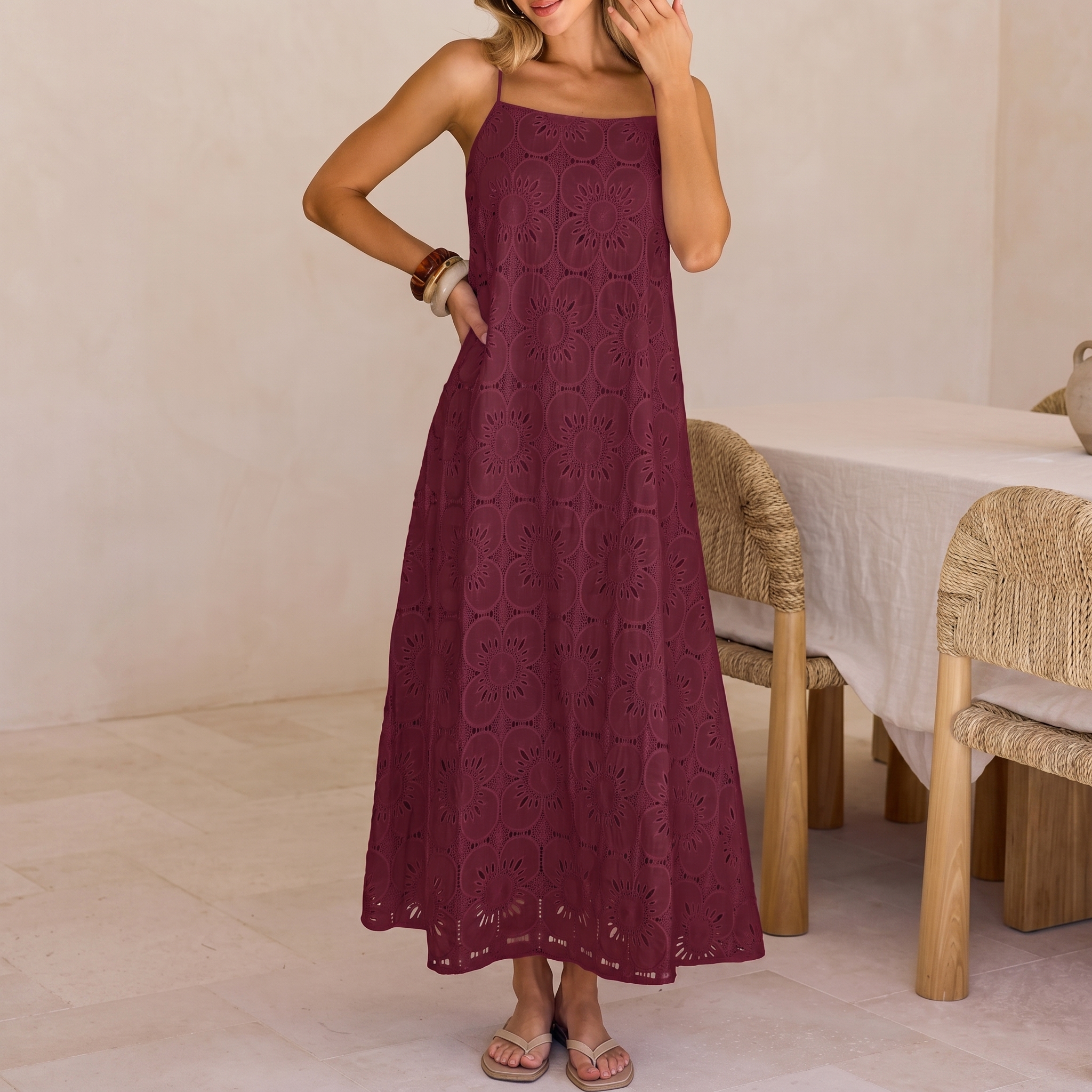 Summer Casual Boho Floral Lace Maxi Dress For Women
