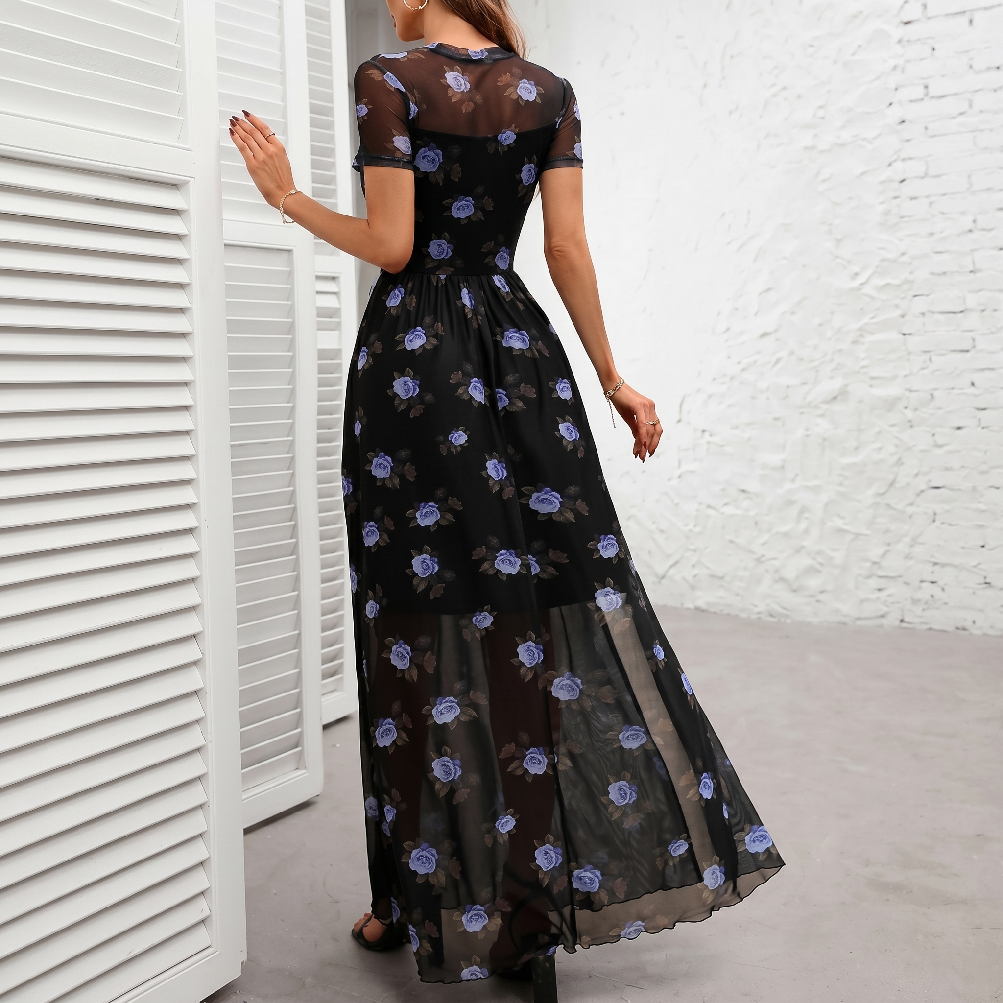 Mesh Short Sleeve Floral Print Maxi For Women