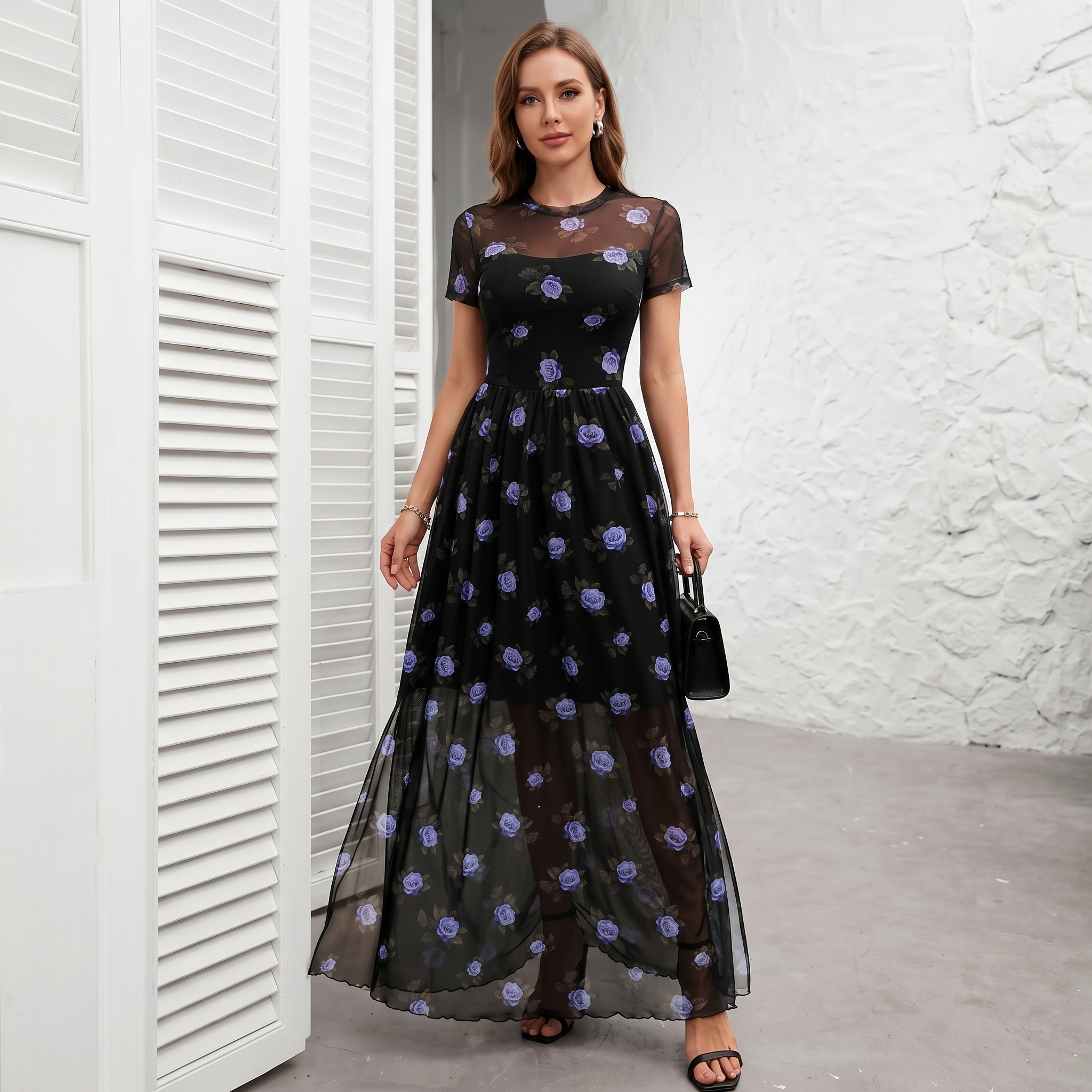 Mesh Short Sleeve Floral Print Maxi For Women
