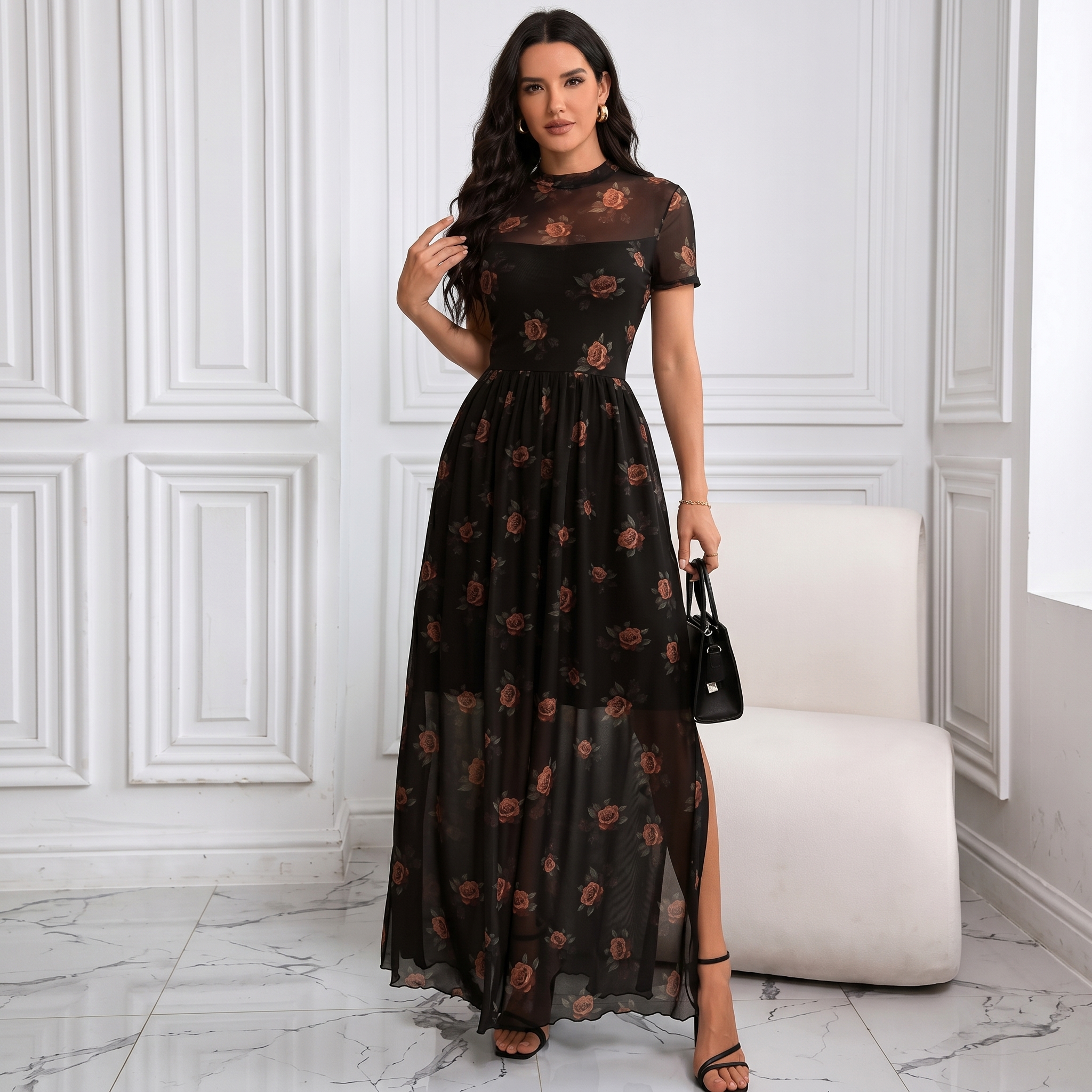 Mesh Short Sleeve Floral Print Maxi For Women