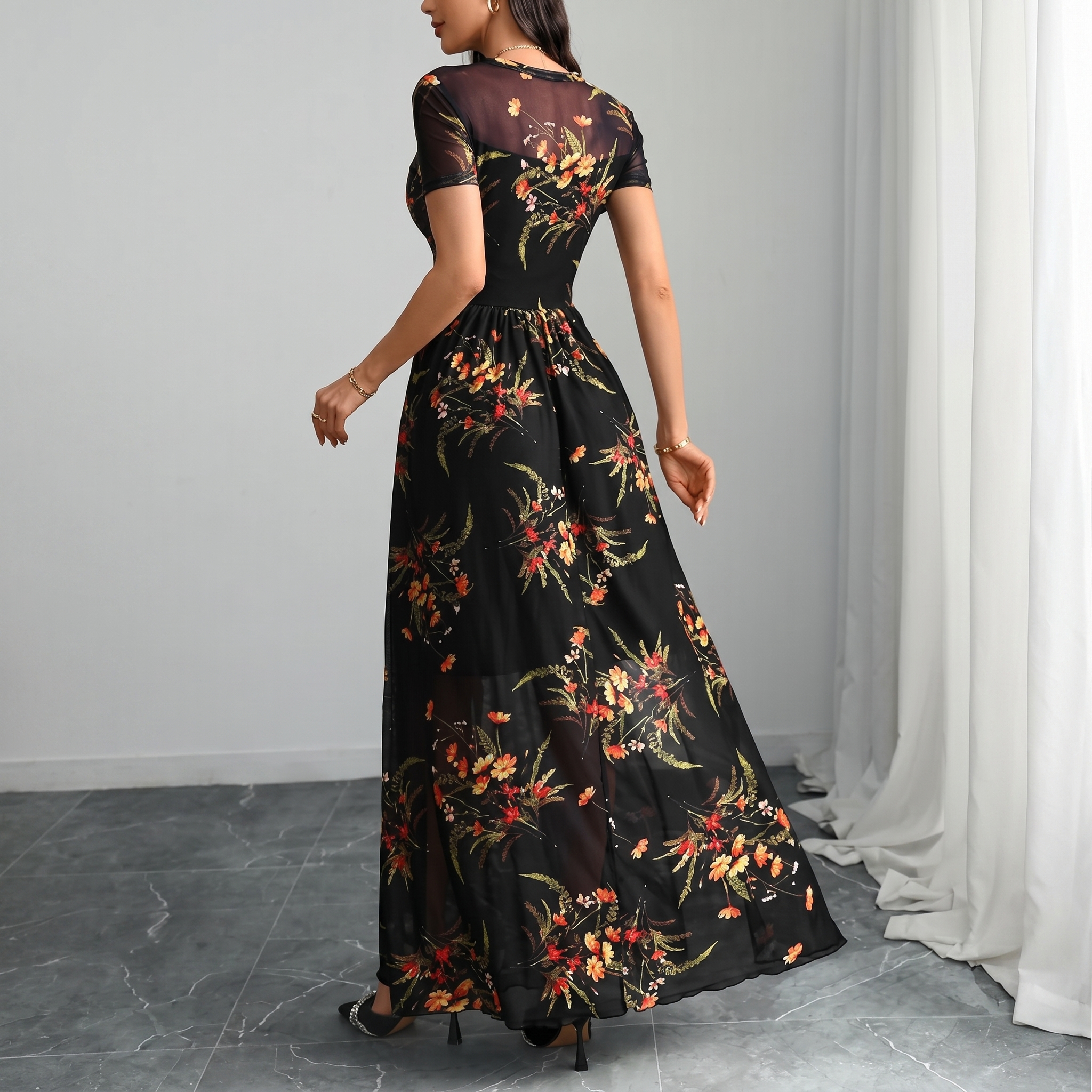 Mesh Short Sleeve Floral Print Maxi For Women