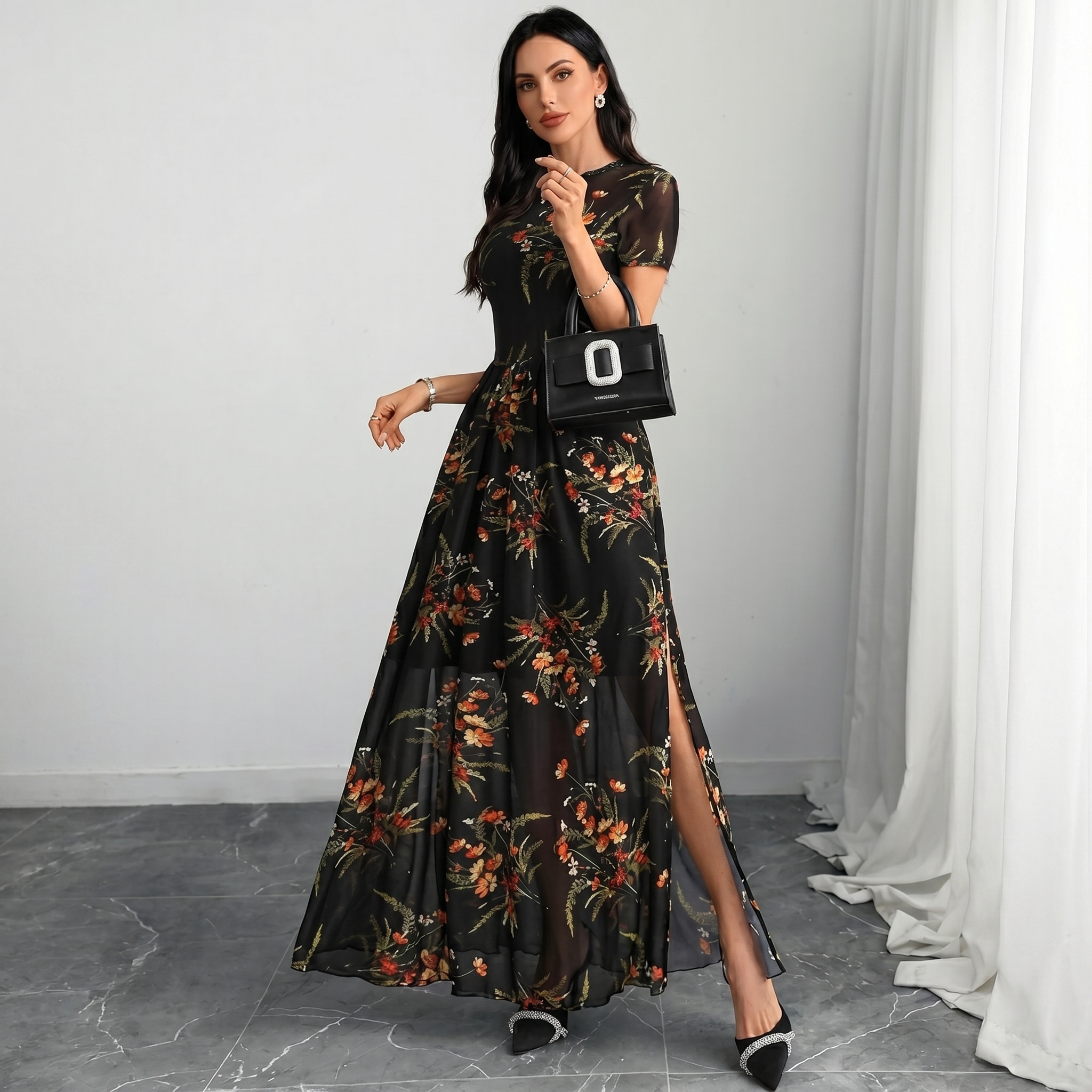 Mesh Short Sleeve Floral Print Maxi For Women