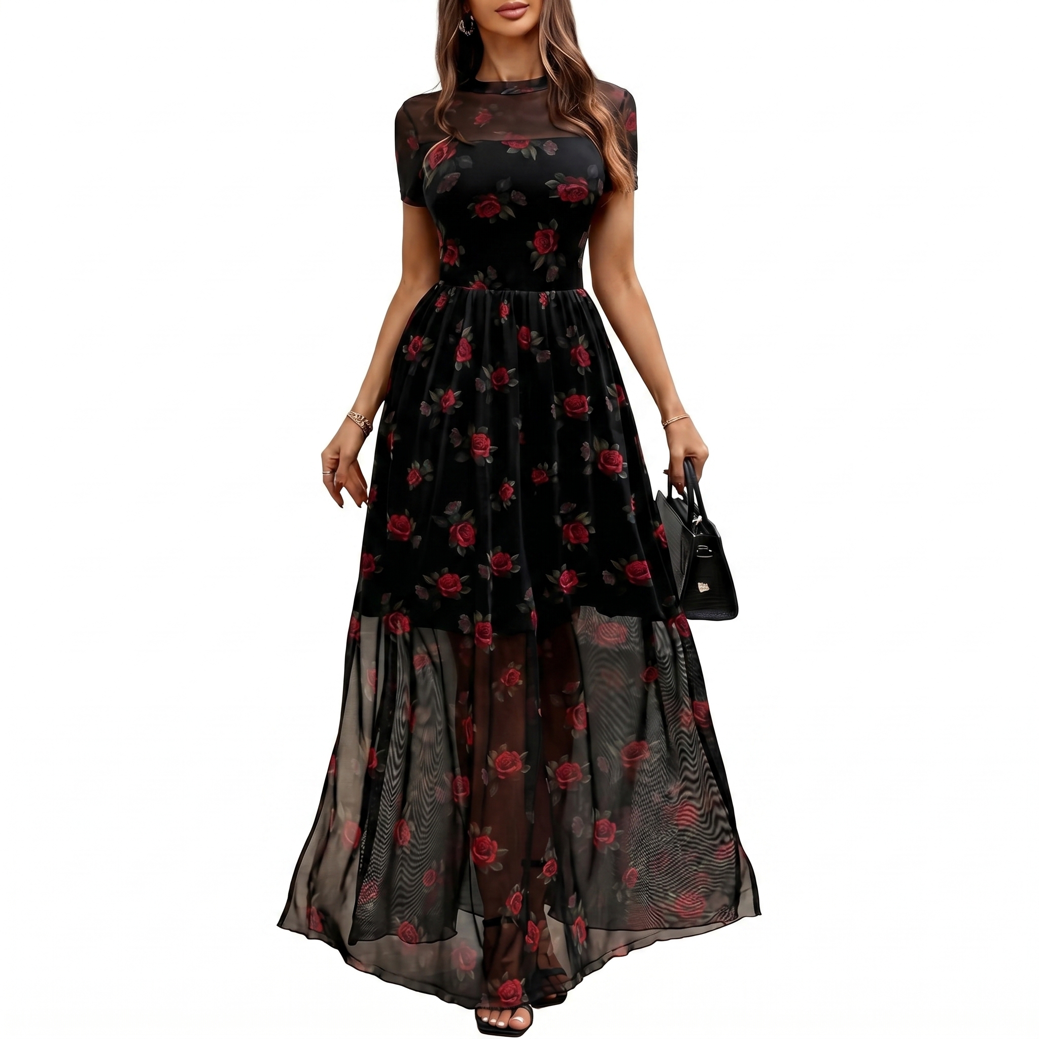 Mesh Short Sleeve Floral Print Maxi For Women