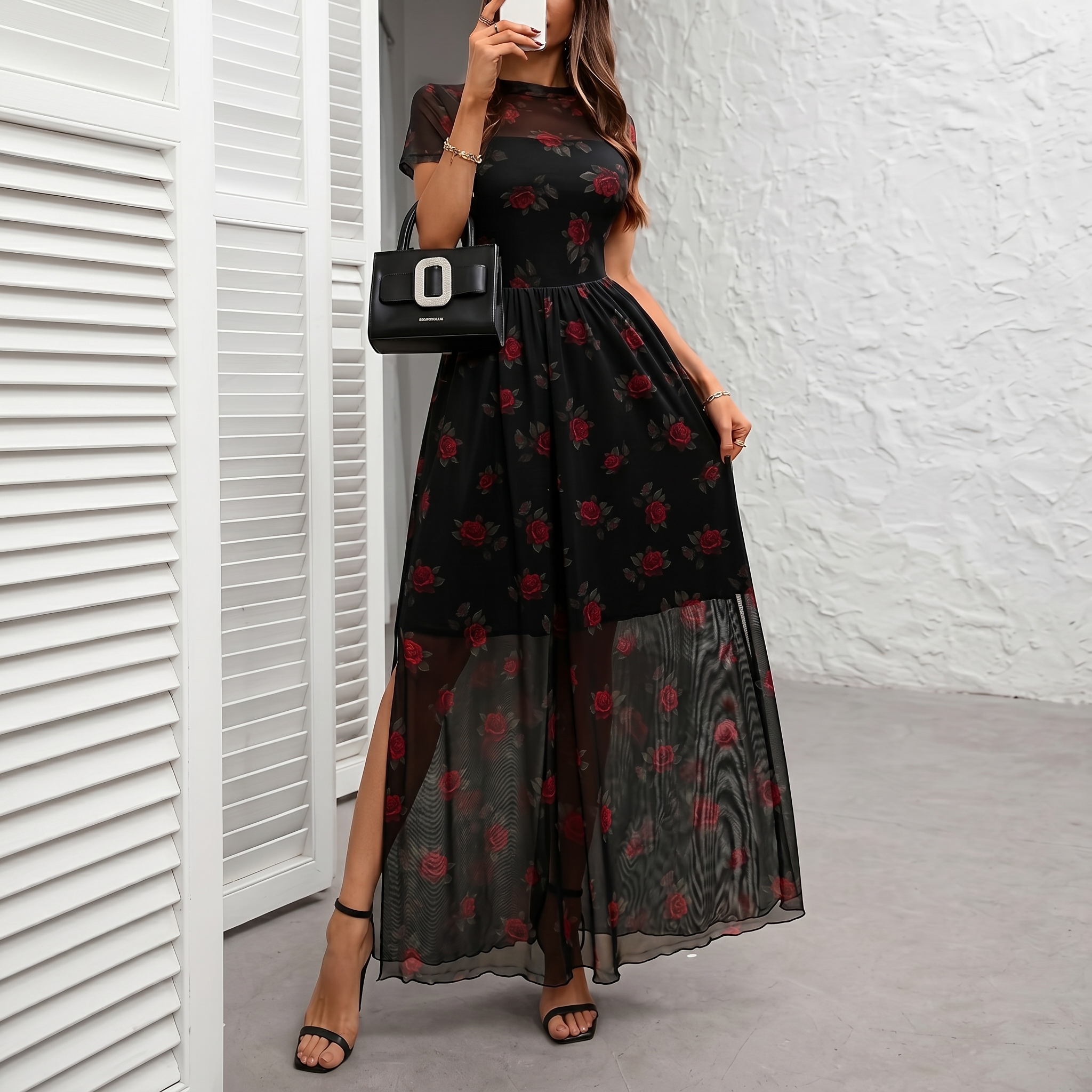 Mesh Short Sleeve Floral Print Maxi For Women