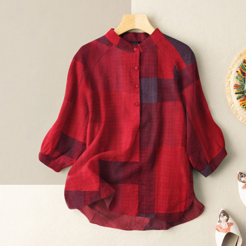 Plaid Lantern Sleeve Mandarin Collar Blouse-My Comfy Blouse
