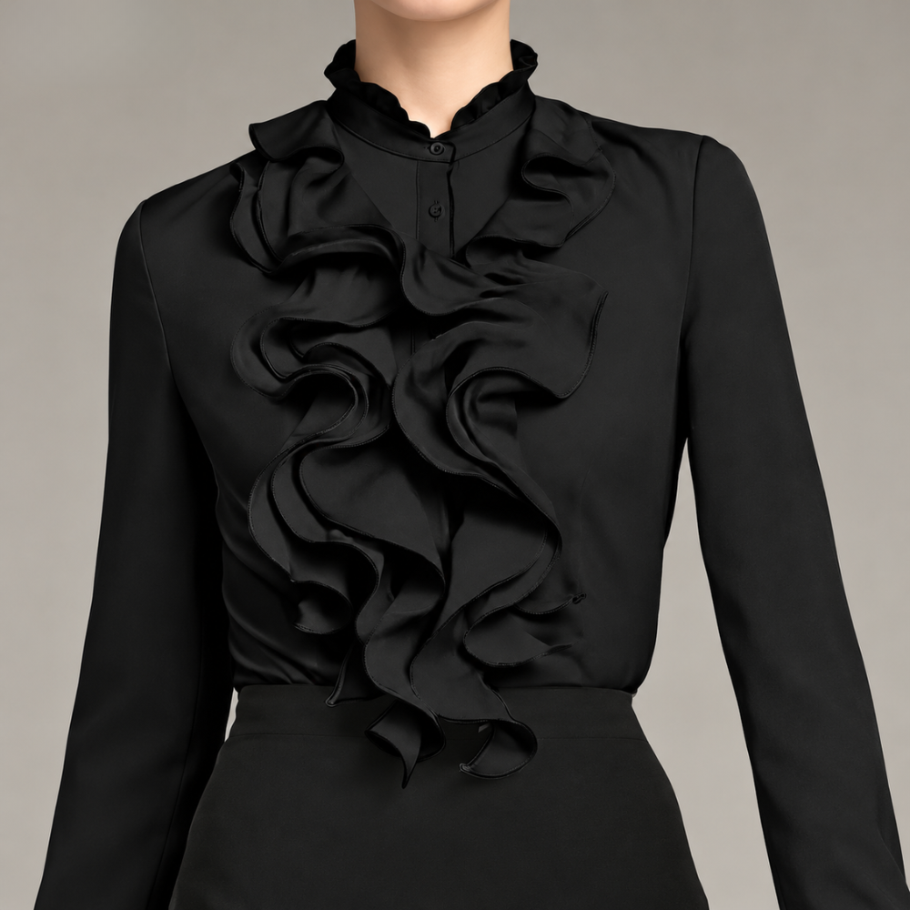 Ruffle Trim Button Front Long Sleeve Top with Tailored Workwear Style for Women