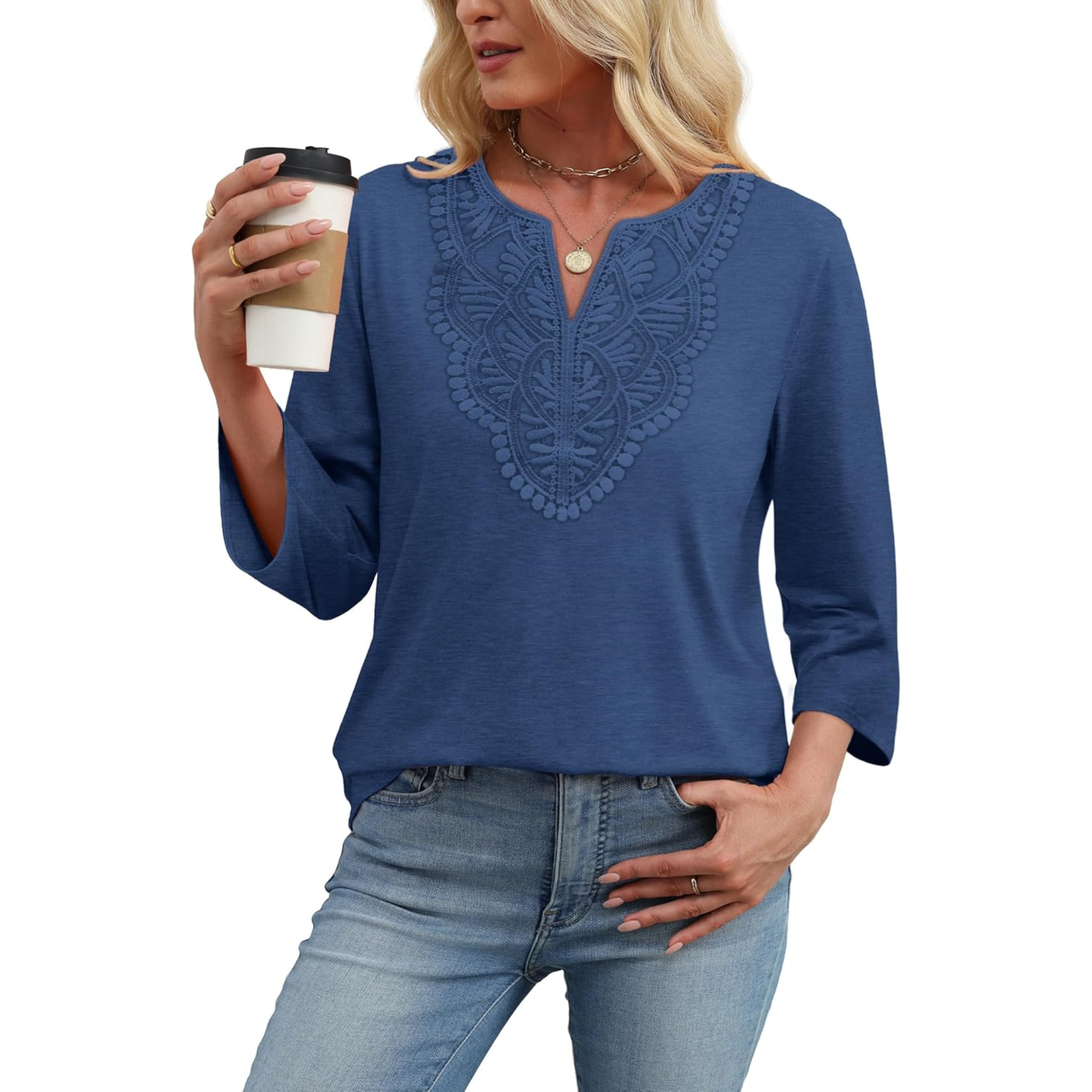  Length Sleeve Womens Tops Boho V Neck Lace Shirt Trendy Blouses Dressy Casual Vacation