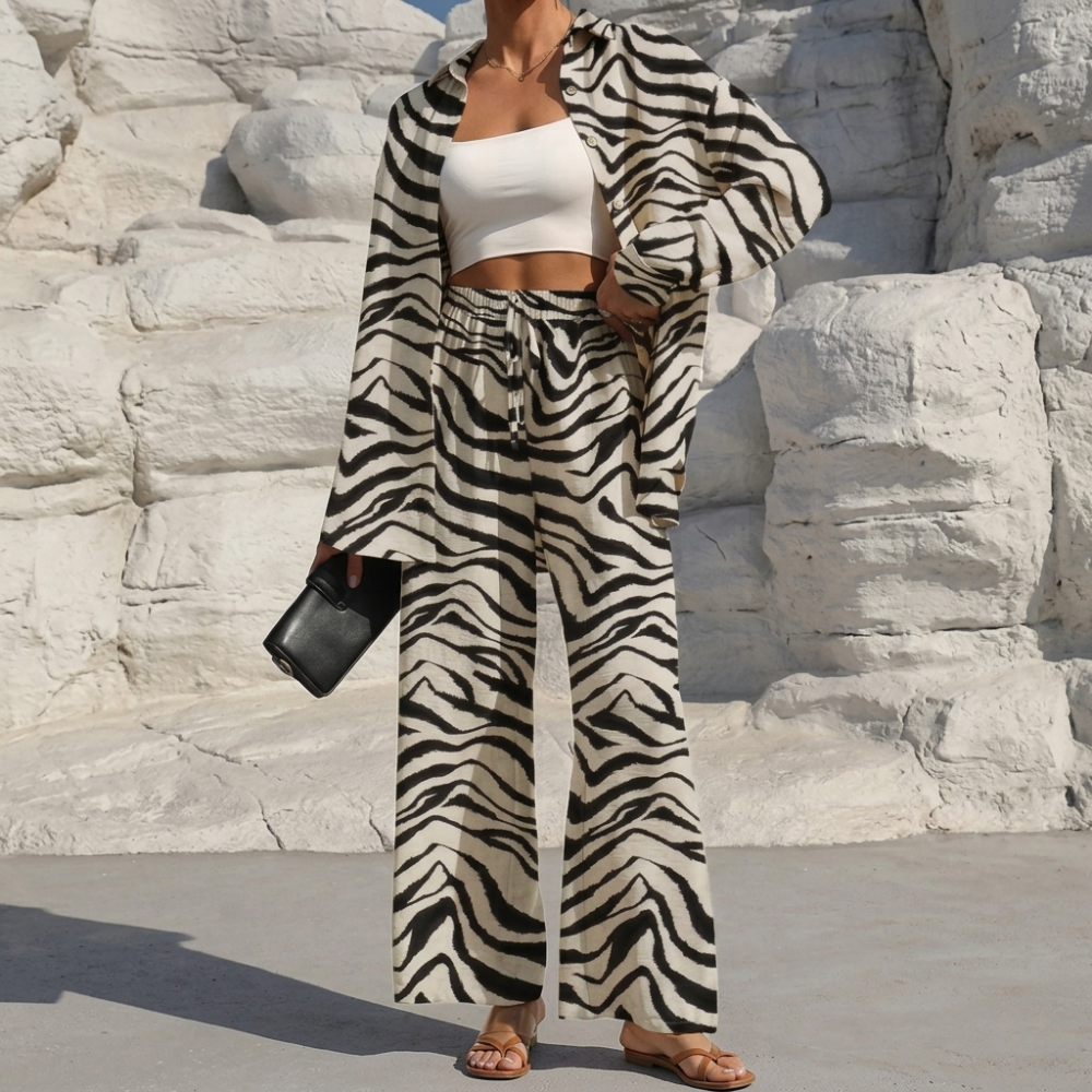 Casual 2 Piece Long Sleeve Shirt And Wide Fit Trouser Set For Women