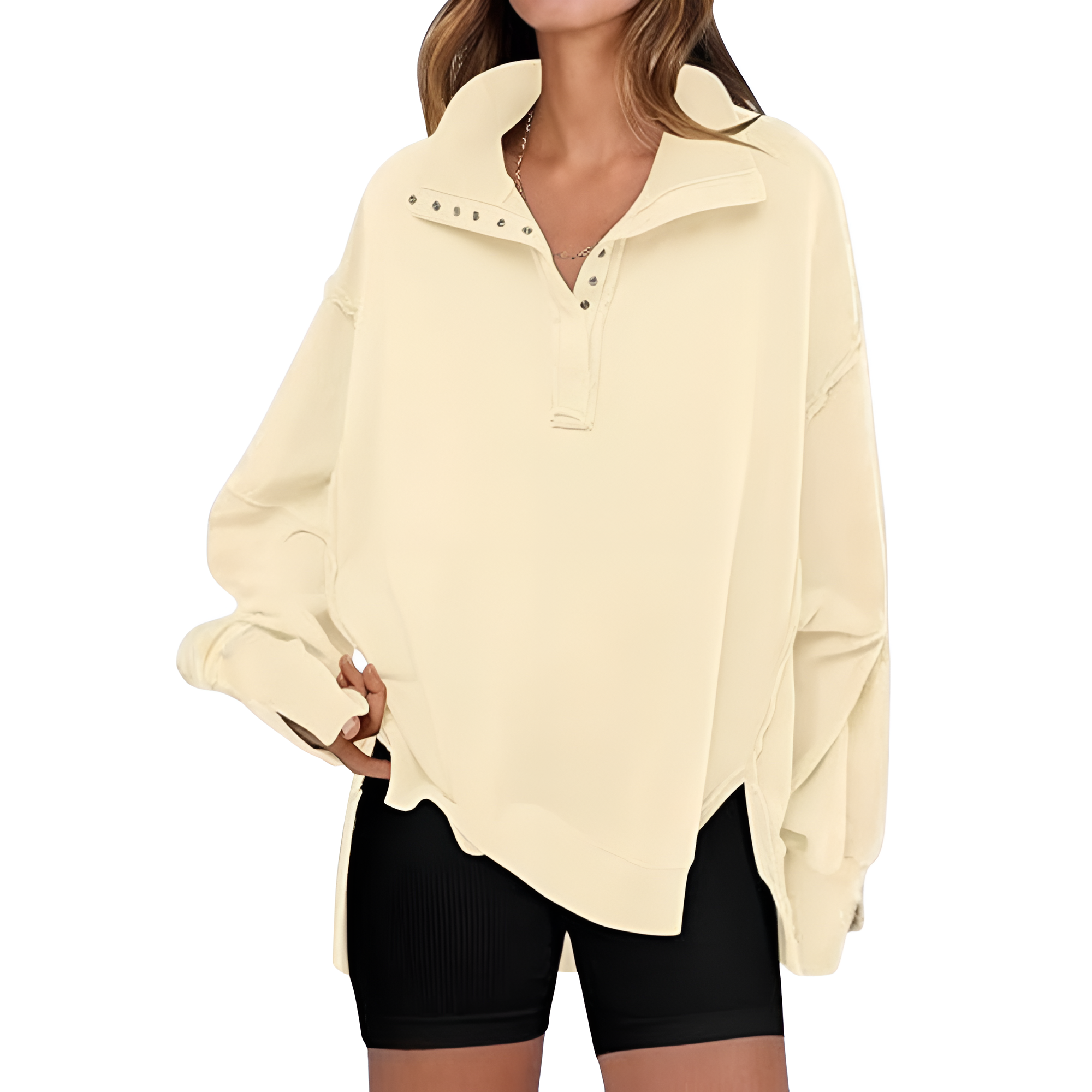 Oversized Sweatshirt With Button Up Henley Pullover For Women
