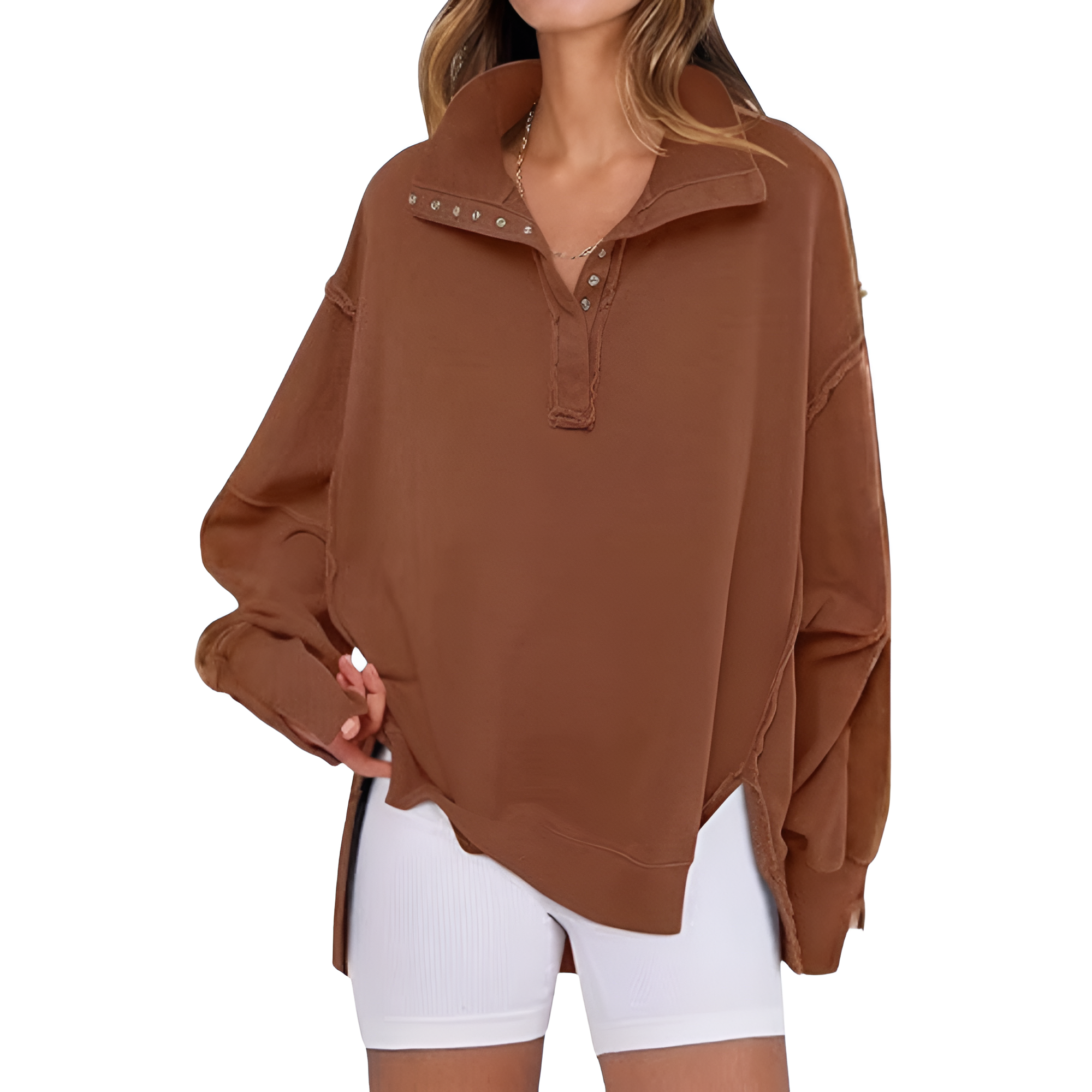 Oversized Sweatshirt With Button Up Henley Pullover For Women
