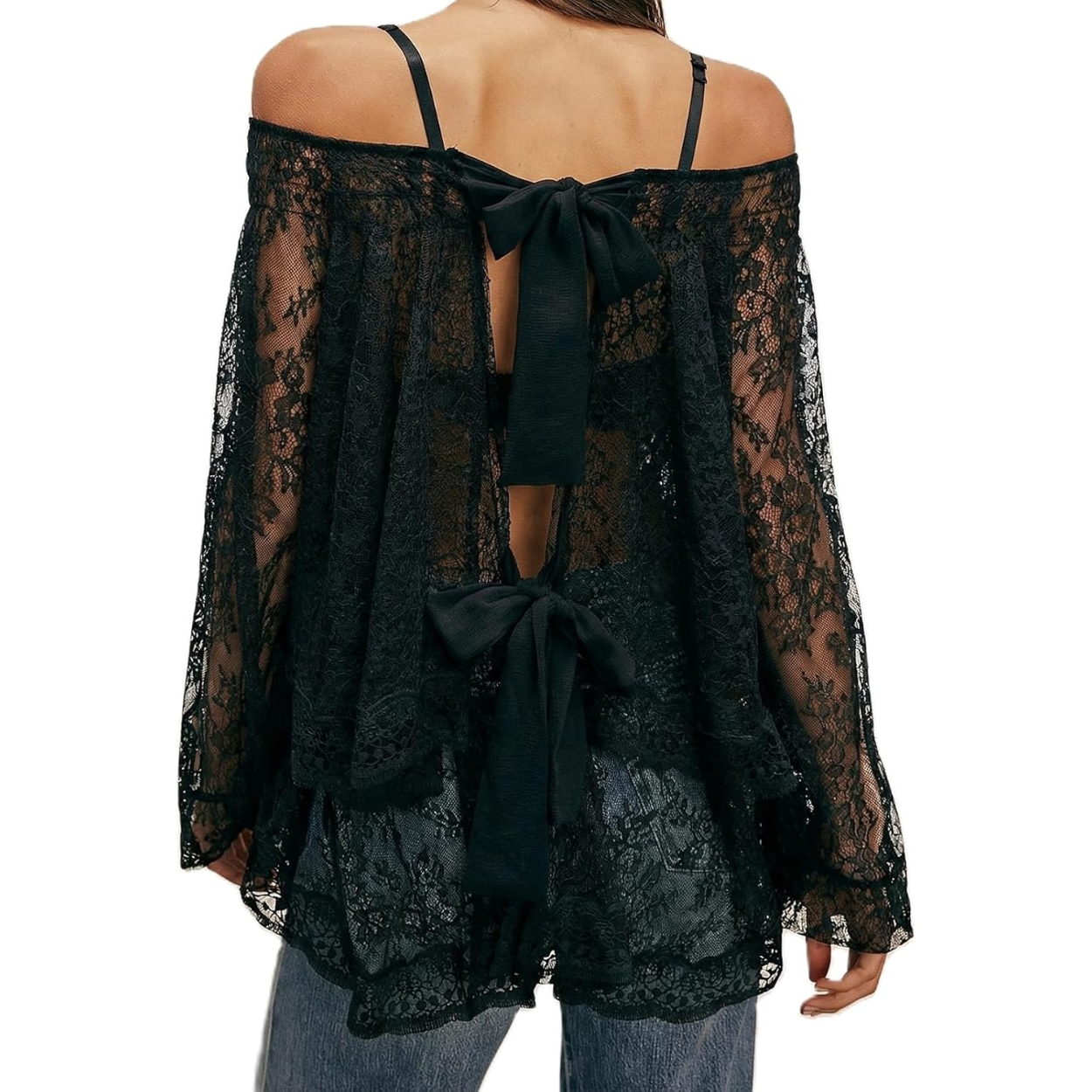 Flowy Ruffle Design Sheer Blouse With Lace Detail For Women