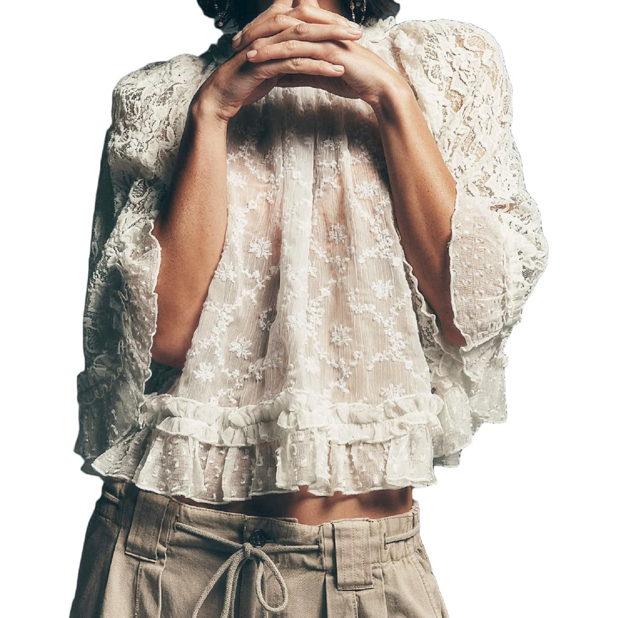 Flowy Ruffle Design Sheer Blouse With Lace Detail For Women