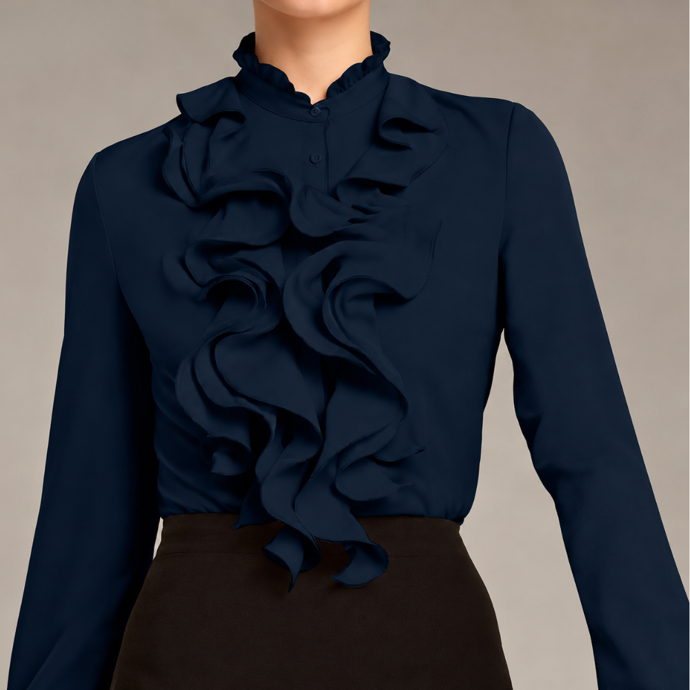 Ruffle Trim Button Front Long Sleeve Top with Tailored Workwear Style for Women