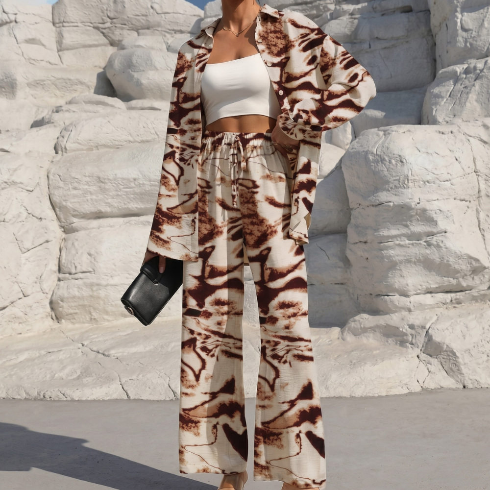 Casual 2 Piece Long Sleeve Shirt And Wide Fit Trouser Set For Women