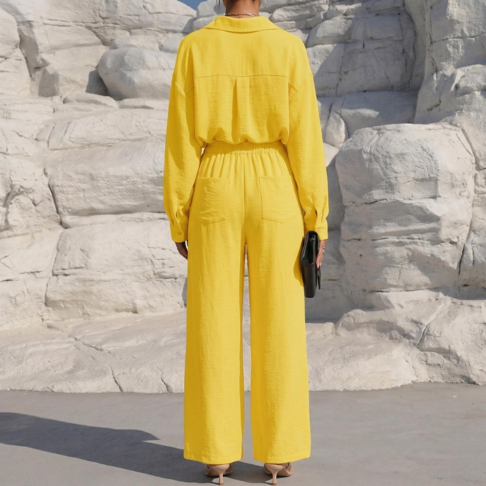 Casual 2 Piece Long Sleeve Shirt And Wide Fit Trouser Set For Women
