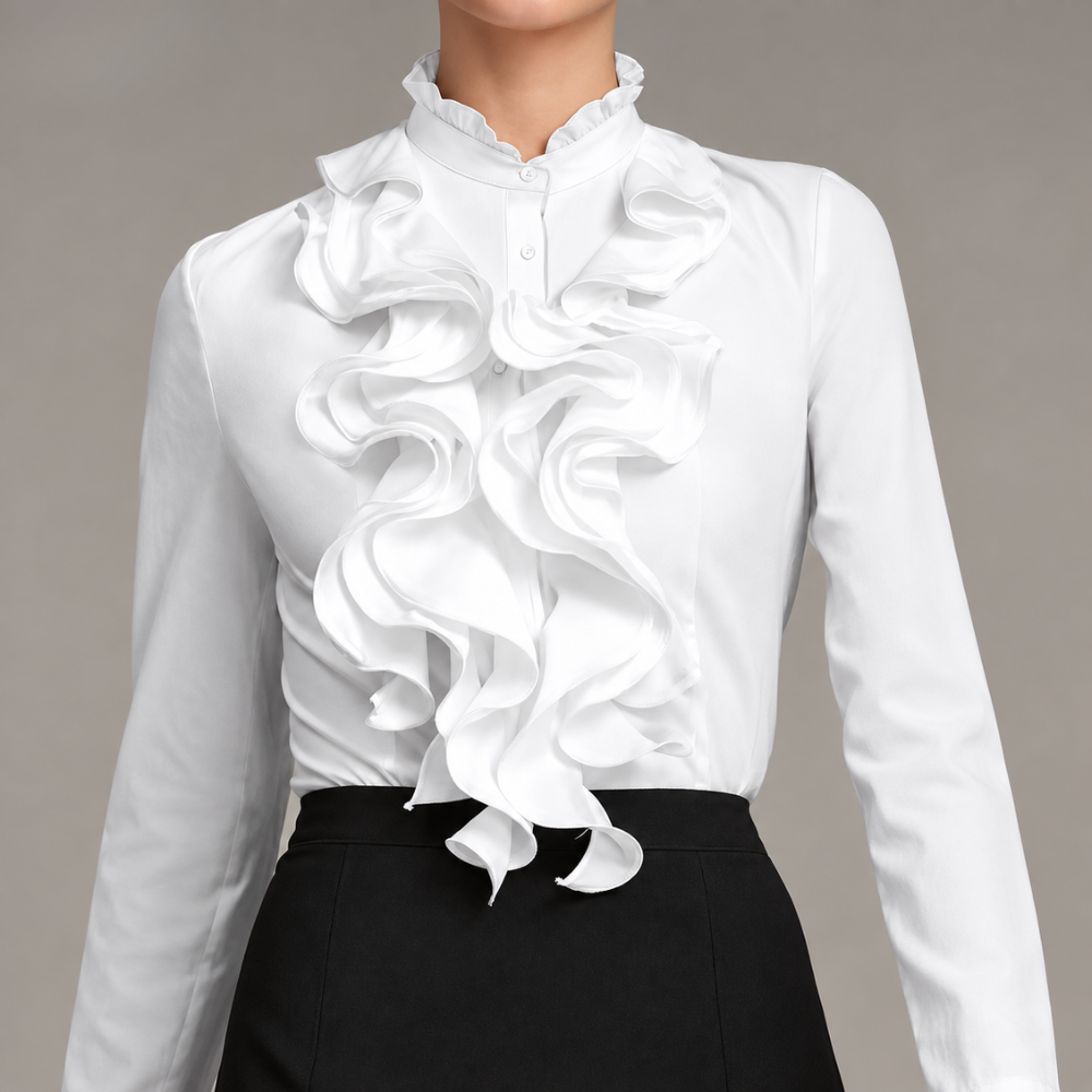 Ruffle Trim Button Front Long Sleeve Top with Tailored Workwear Style for Women