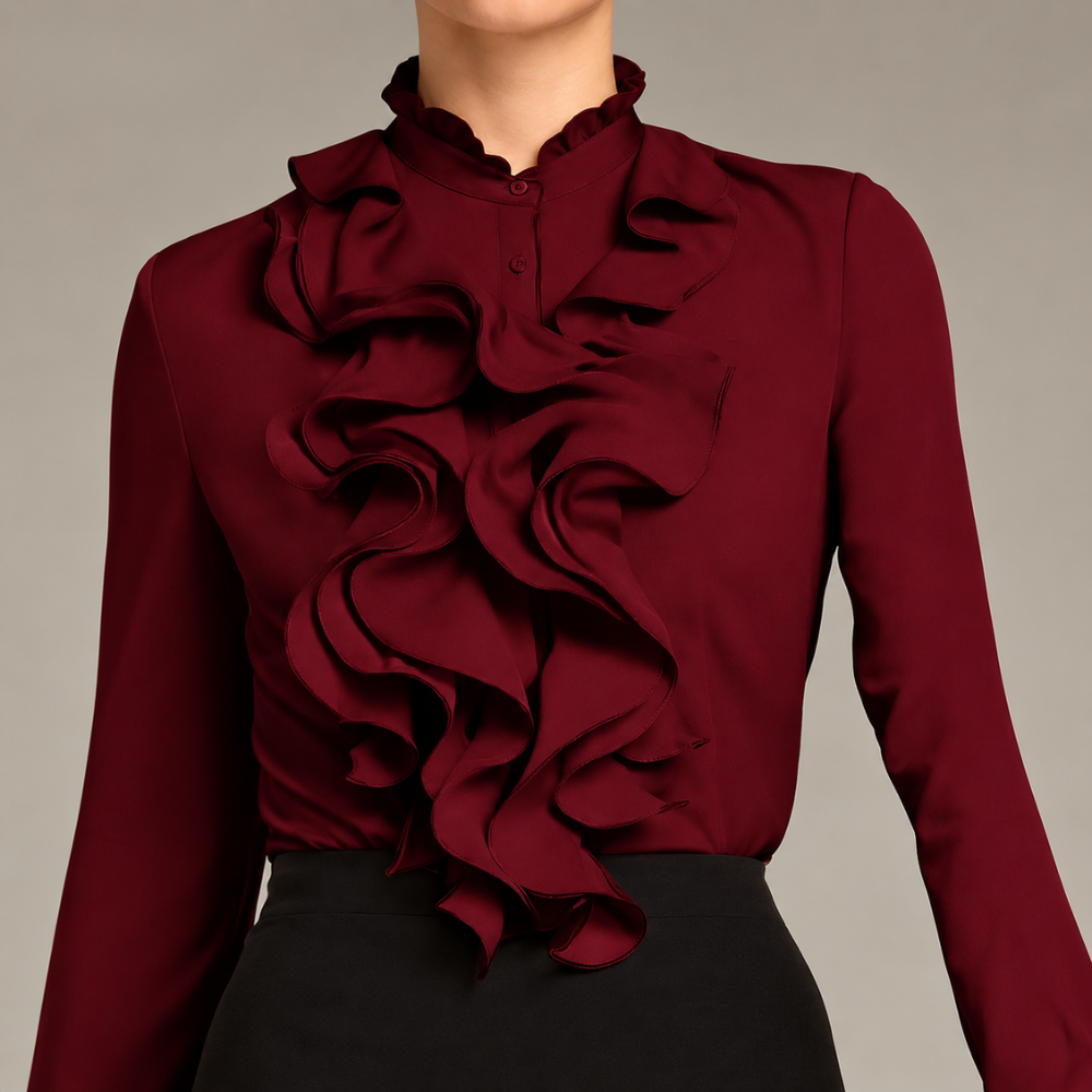 Ruffle Trim Button Front Long Sleeve Top with Tailored Workwear Style for Women