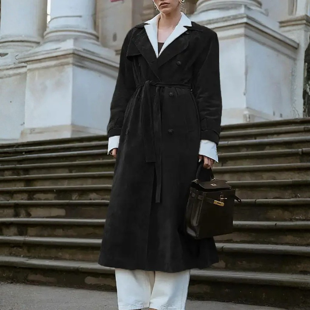Faux Suede Long Trench Coat For Women With Belt And Notched Lapel-My Comfy Blouse