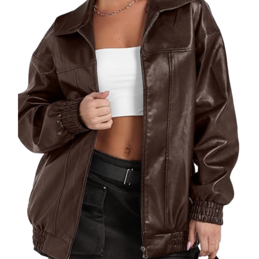 Women Faux Oversized Motorcycle Bomber Fall Fashion Leather Jacket