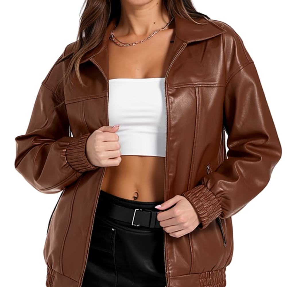Women Faux Oversized Motorcycle Bomber Fall Fashion Leather Jacket