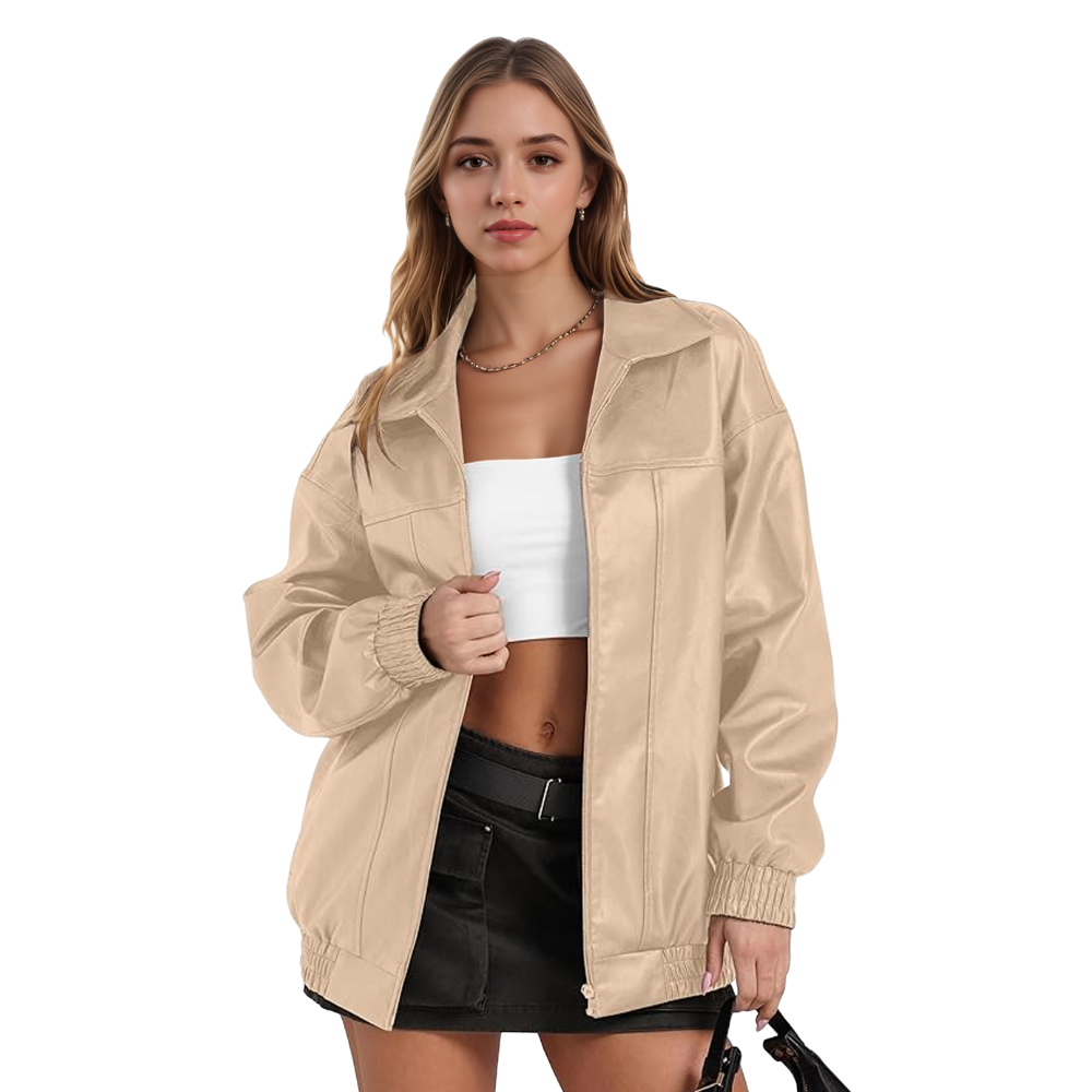 Women Oversized Faux Leather Motorcycle Zip Up Jacket