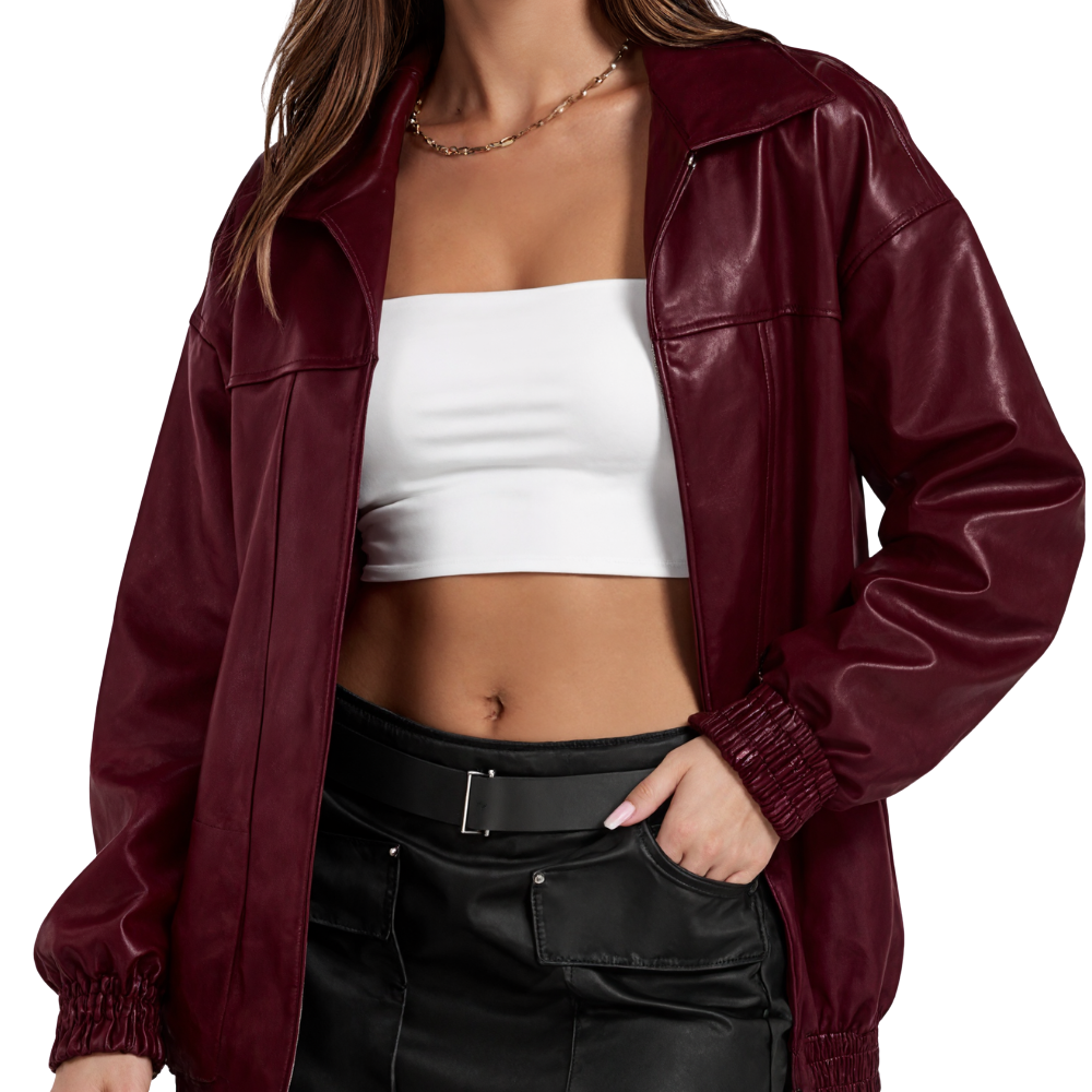 Women Oversized Faux Leather Motorcycle Zip Up Jacket