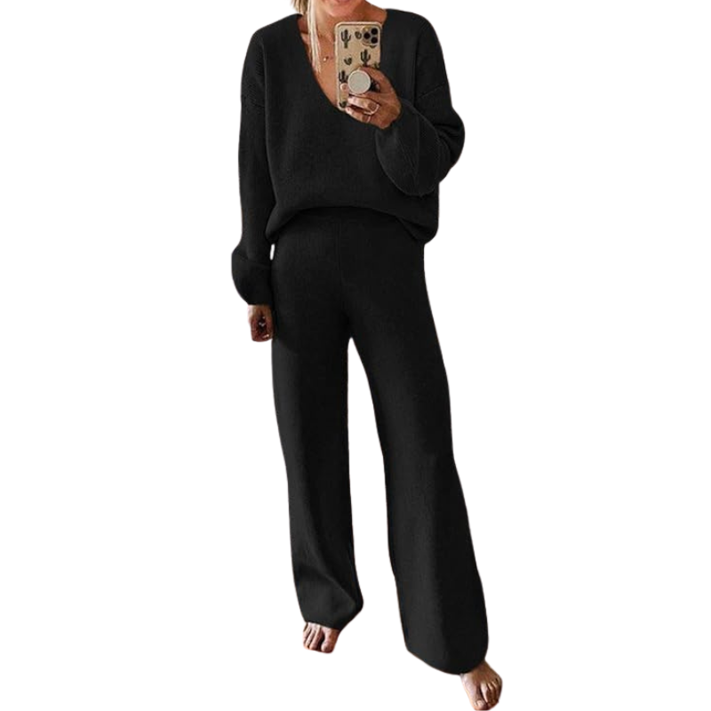 Women 2 Piece Outfits Casual V Neck Knit Wide Leg Sweater Lounge Set