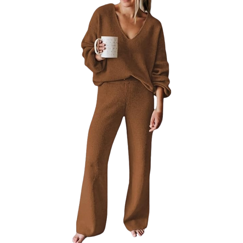 Women 2 Piece Outfits Casual V Neck Knit Wide Leg Sweater Lounge Set