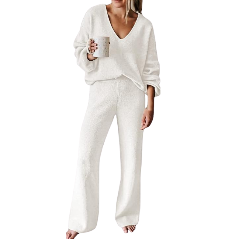 Women 2 Piece Outfits Casual V Neck Knit Wide Leg Sweater Lounge Set