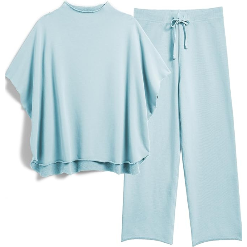 Womens Two Piece Outfits Batwing Sleeve Capelet Crew Neck Pullover Top Wide Leg Pants Lounge Set