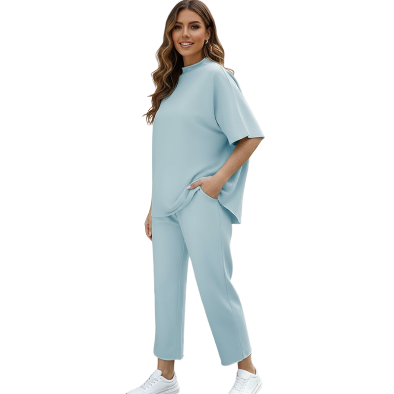 Womens Two Piece Outfits Batwing Sleeve Capelet Crew Neck Pullover Top Wide Leg Pants Lounge Set