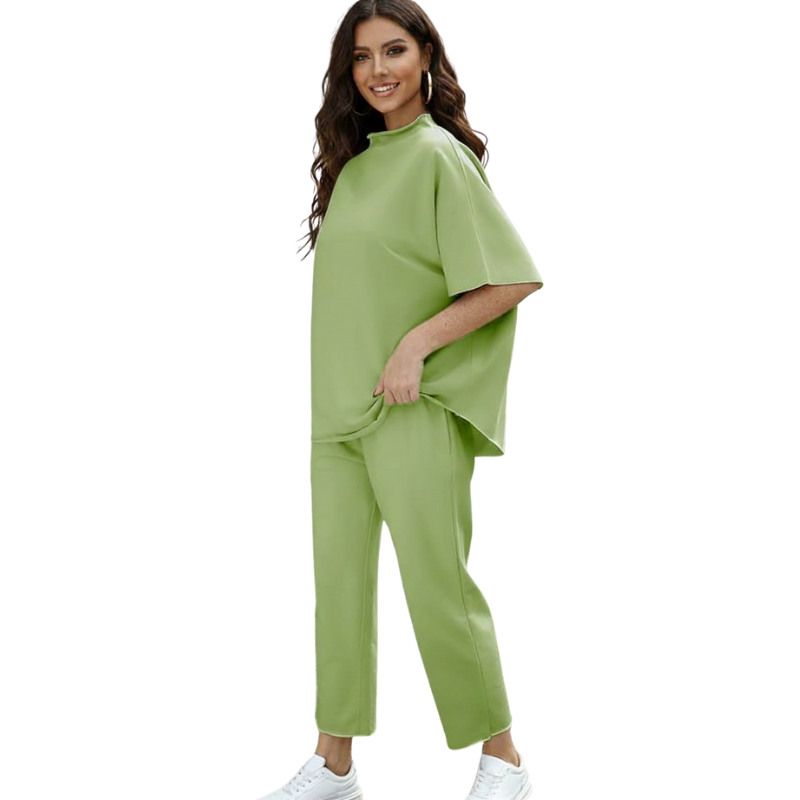 Womens Two Piece Outfits Batwing Sleeve Capelet Crew Neck Pullover Top Wide Leg Pants Lounge Set