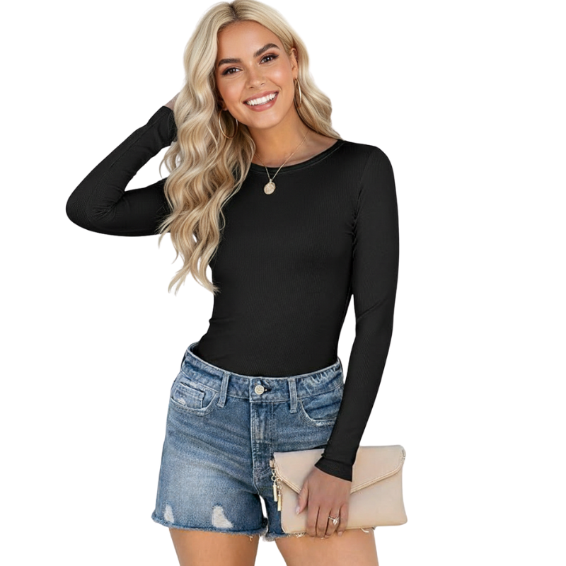 Women Long Sleeve Shirts Rib Knit Slim Fit Tops