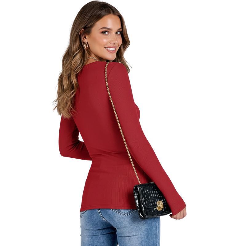 Women Long Sleeve Shirts Rib Knit Slim Fit Tops