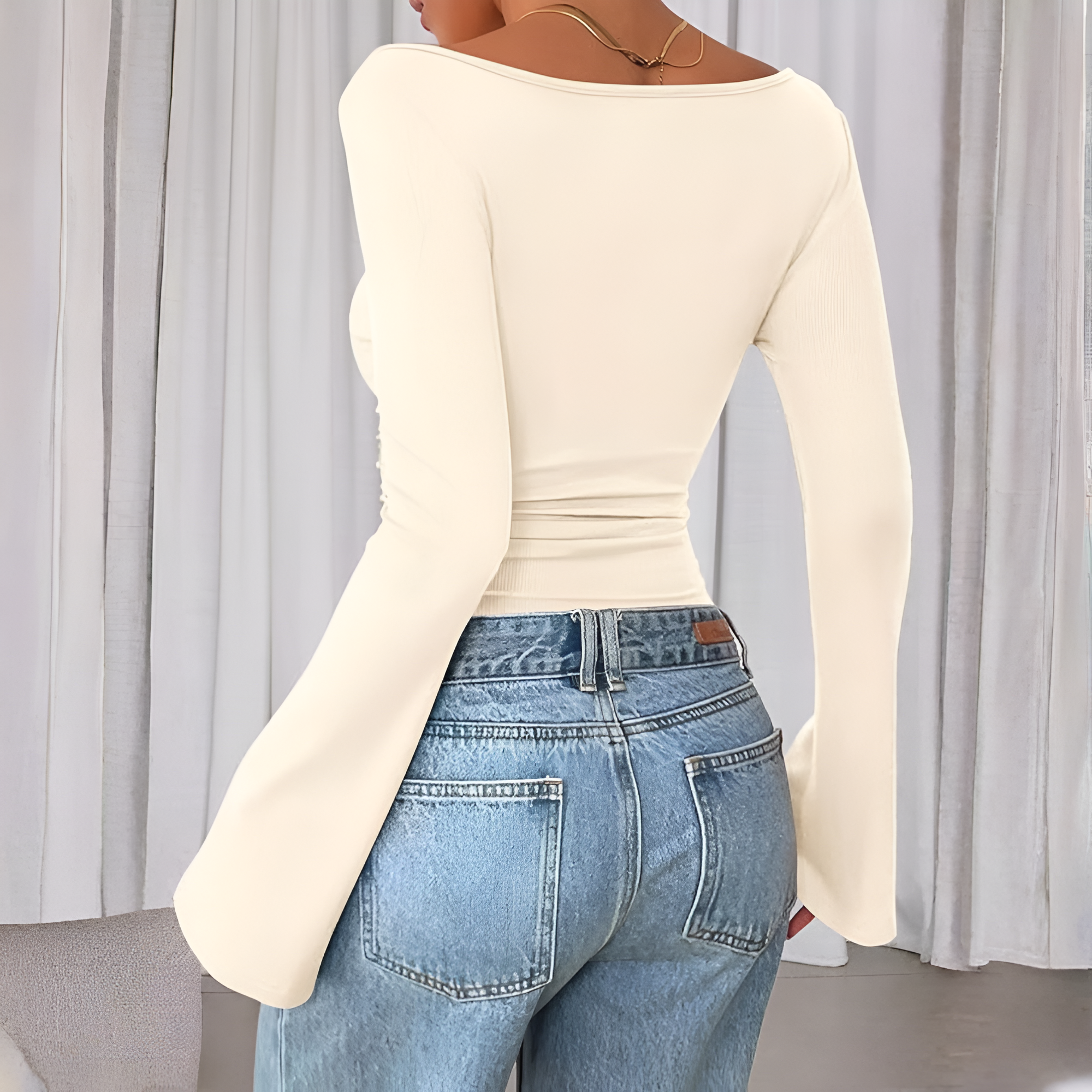 Ribbed Crop Top With Long Bell Sleeve For Women