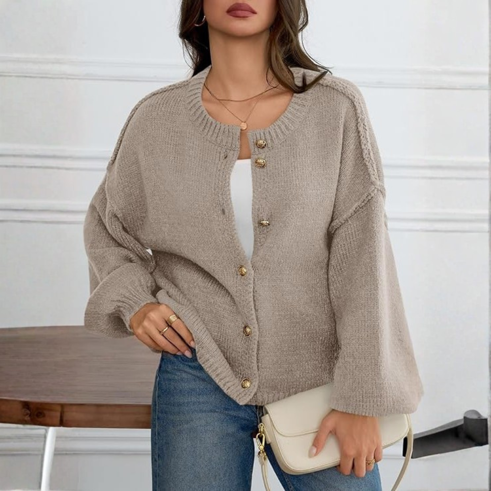 Oversized Button Up Knit Cardigan With Lantern Sleeves