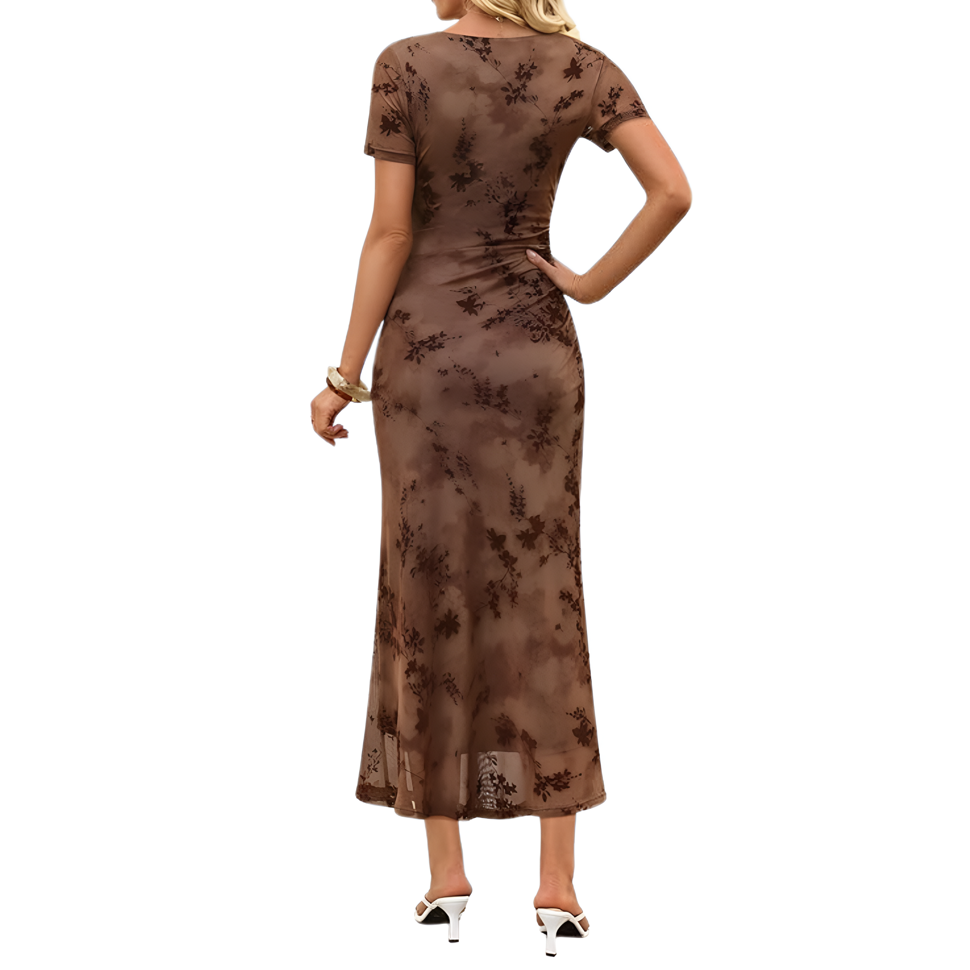 Summer And Floral Ruched Mesh Bodycon Maxi Dresses For Women