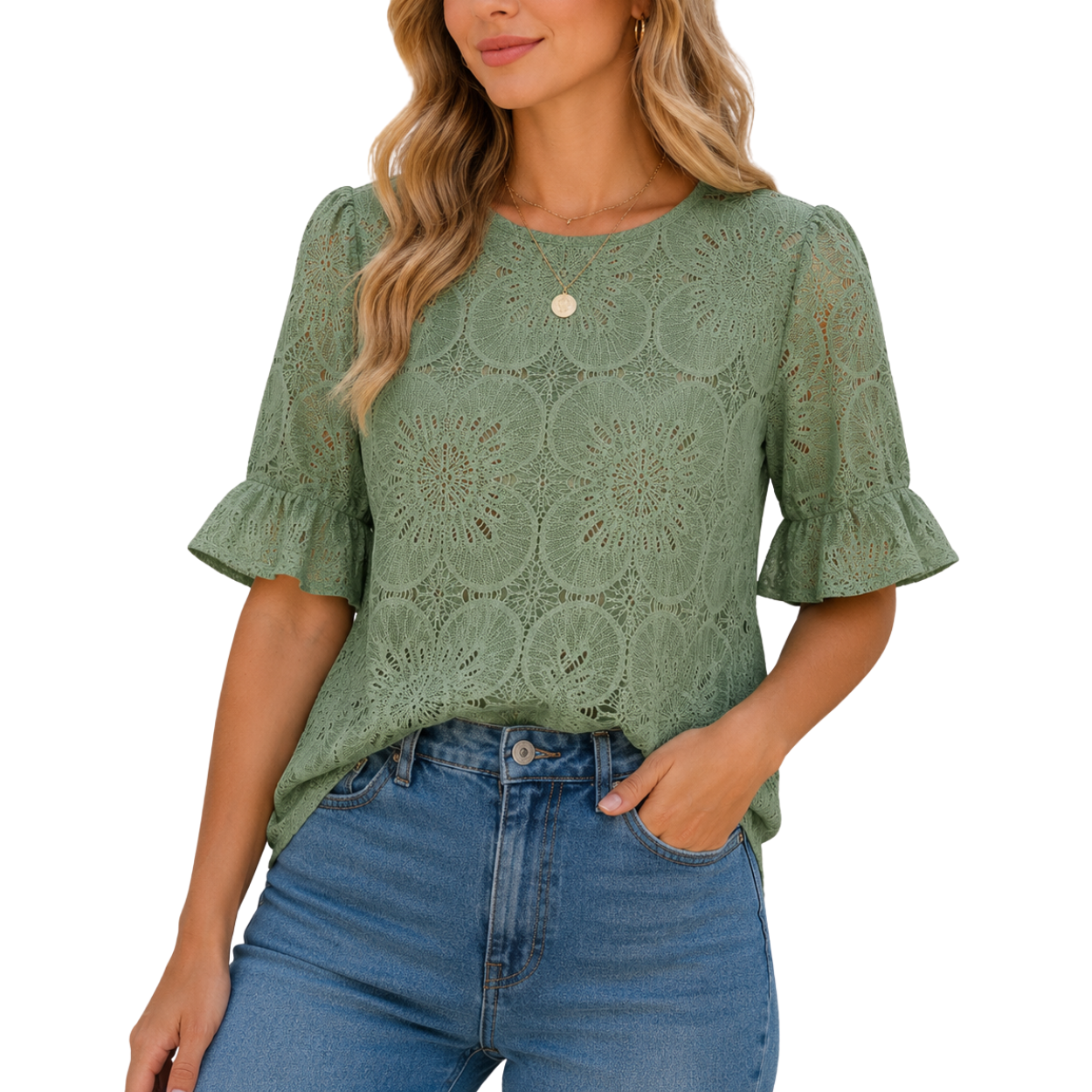 Women Short Boho Eyelet Lace Puff Tops