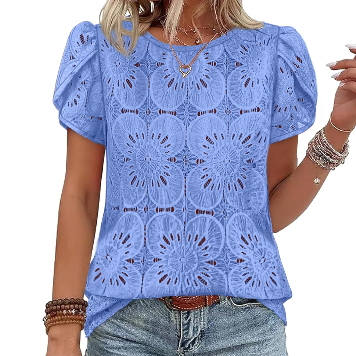 Casual Crochet Petal Short Sleeve Shirt Blouse For Women
