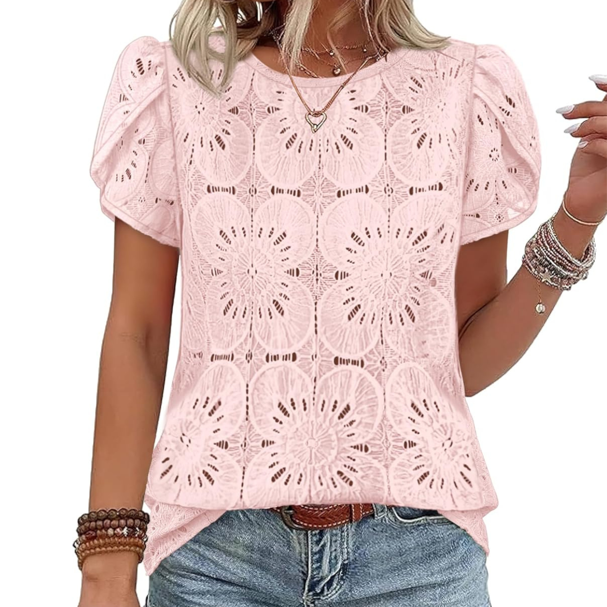 Casual Crochet Petal Short Sleeve Shirt Blouse For Women