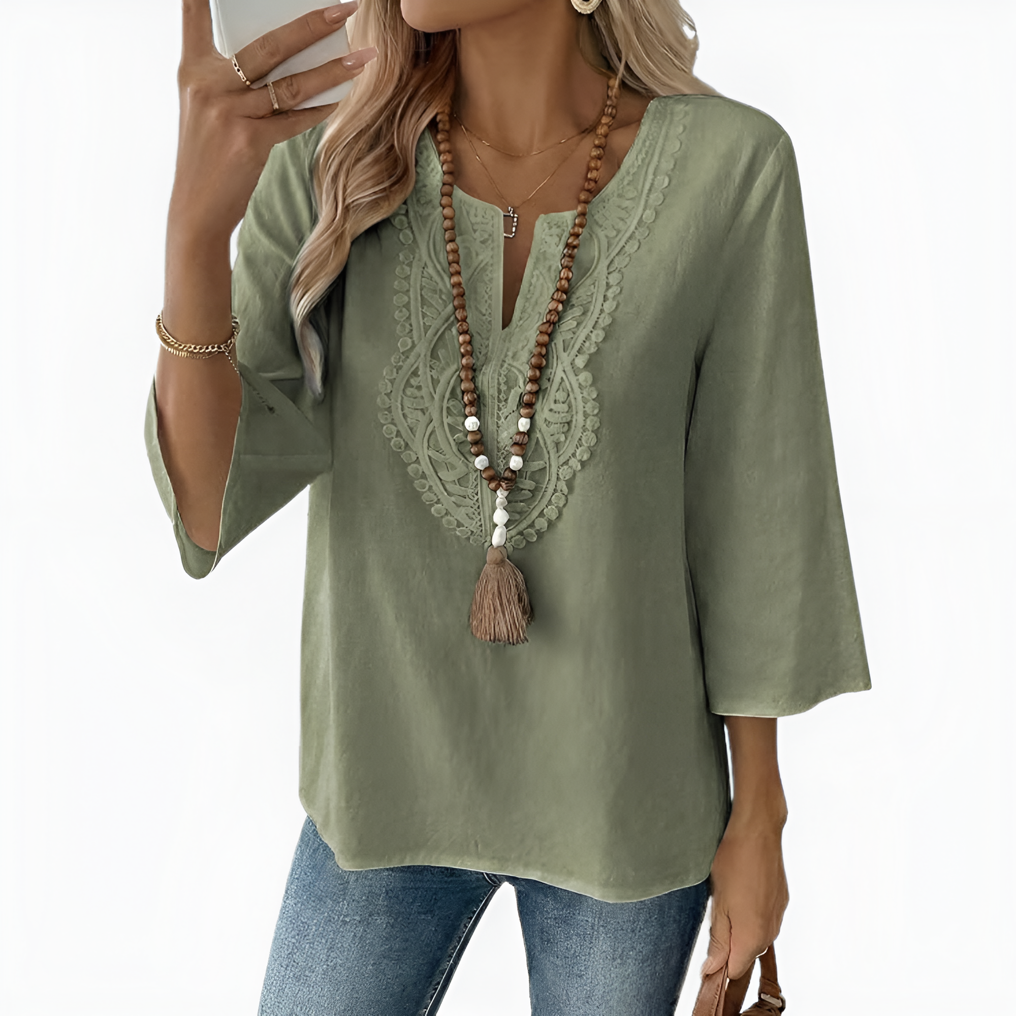 Casual V Design Blouse With Embroidered Details For Women