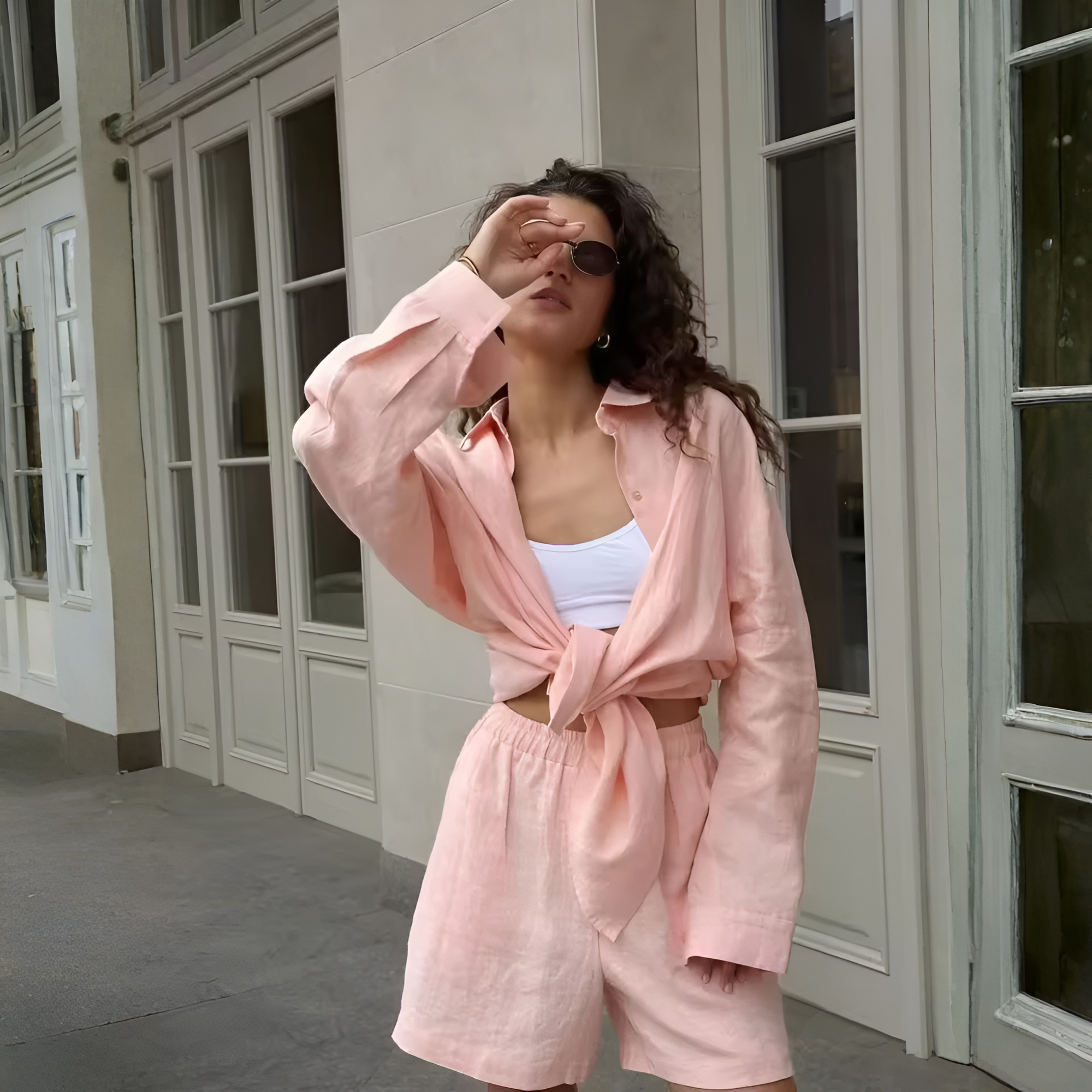 Casual Loose Fit Long Sleeve Shirt And Shorts Two Piece Set For Women