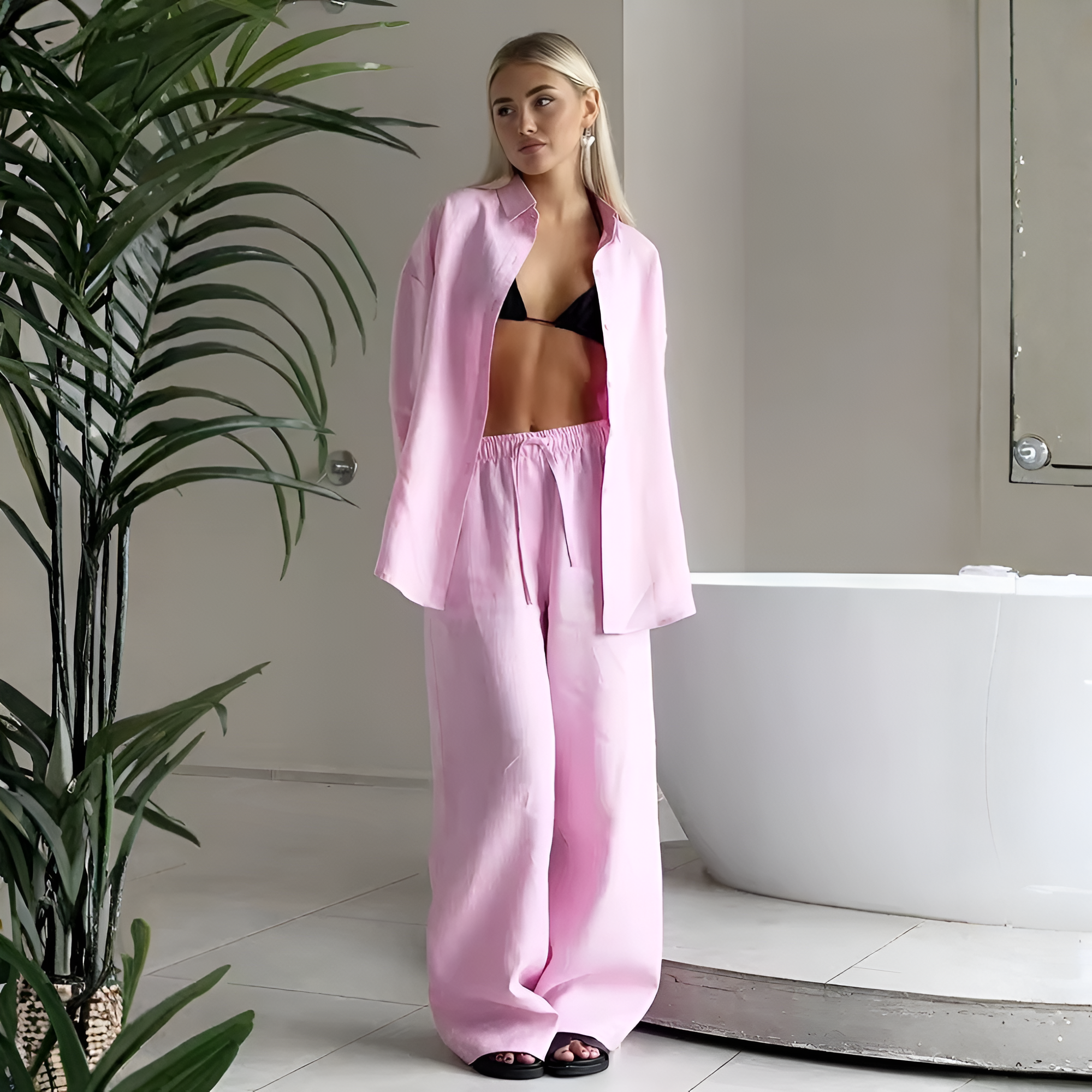 High Rise Drawstring Pants With Long Sleeve Shirts Two Piece Matching Outfit Set