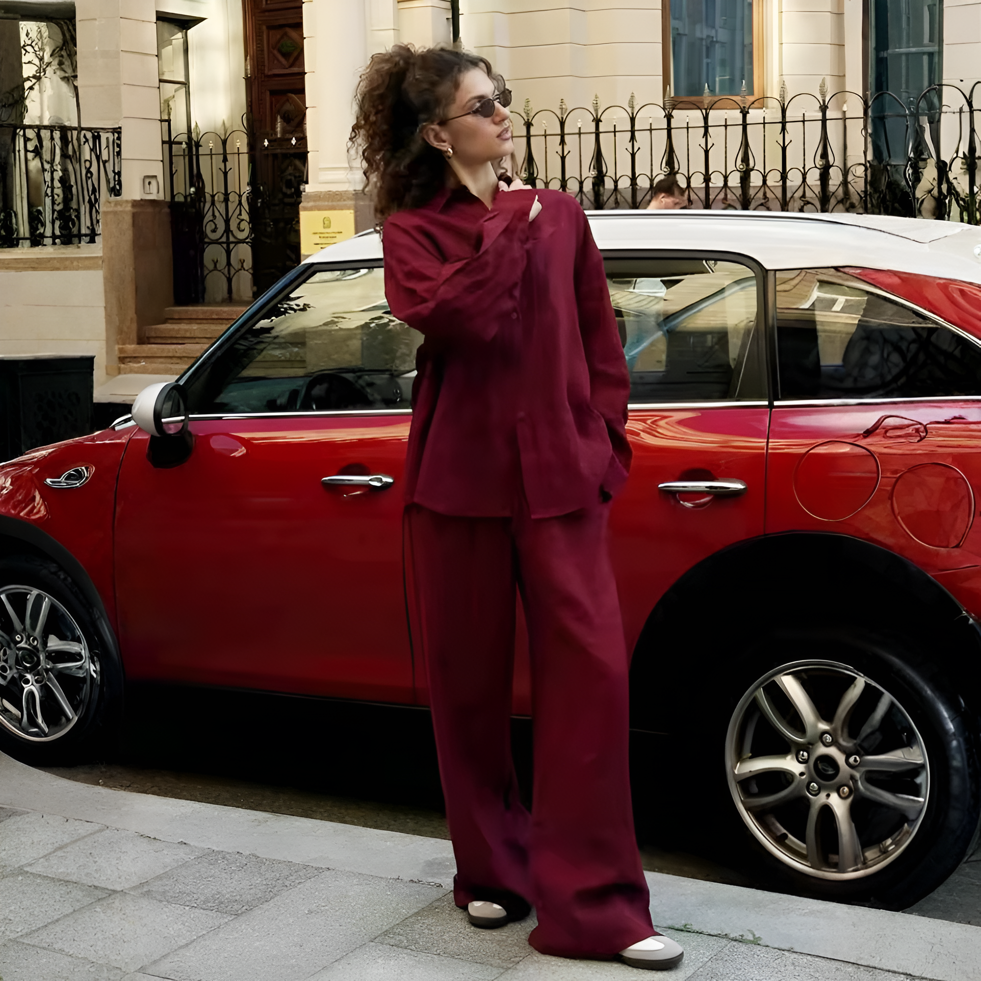 High Rise Drawstring Pants With Long Sleeve Shirts Two Piece Matching Outfit Set
