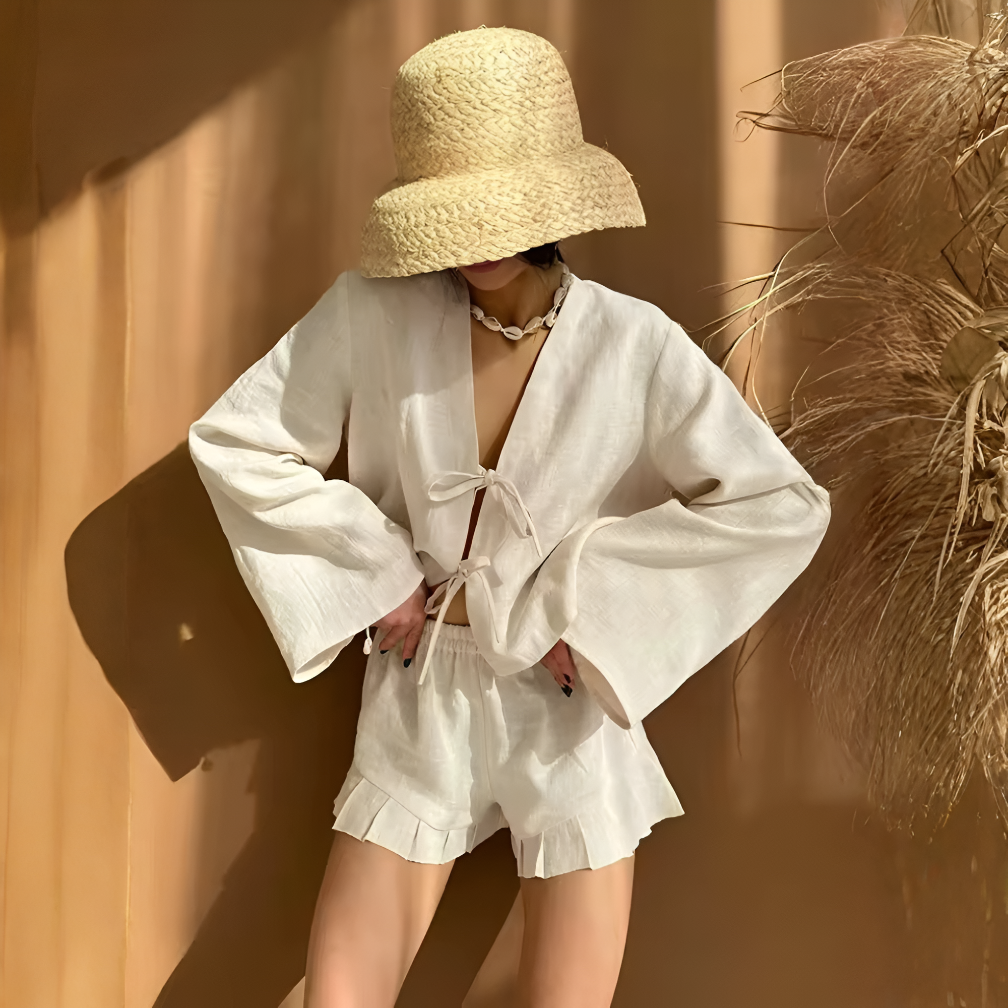 Loose Fit Long Sleeve Top And Flounce Shorts 2 Piece Set For Women
